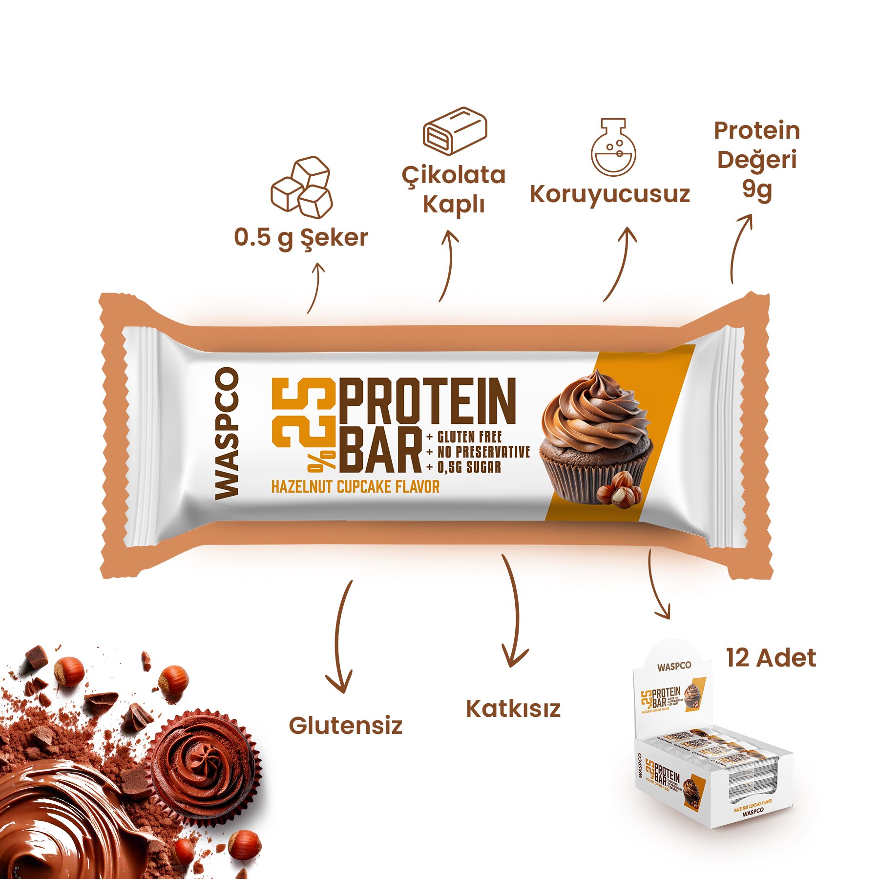 Bitter Çikolata Kaplı Fındıklı Cupcake Aromalı Protein Bar 36G x 12 Adet