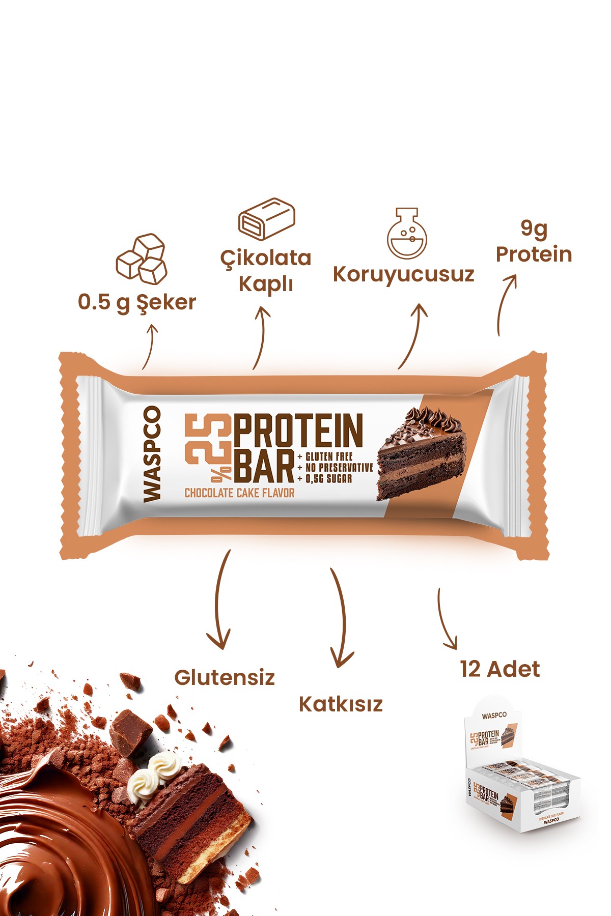 Bitter Çikolata Kaplı Çikolatalı Kek Aromalı Protein Bar 36G x 12 Adet