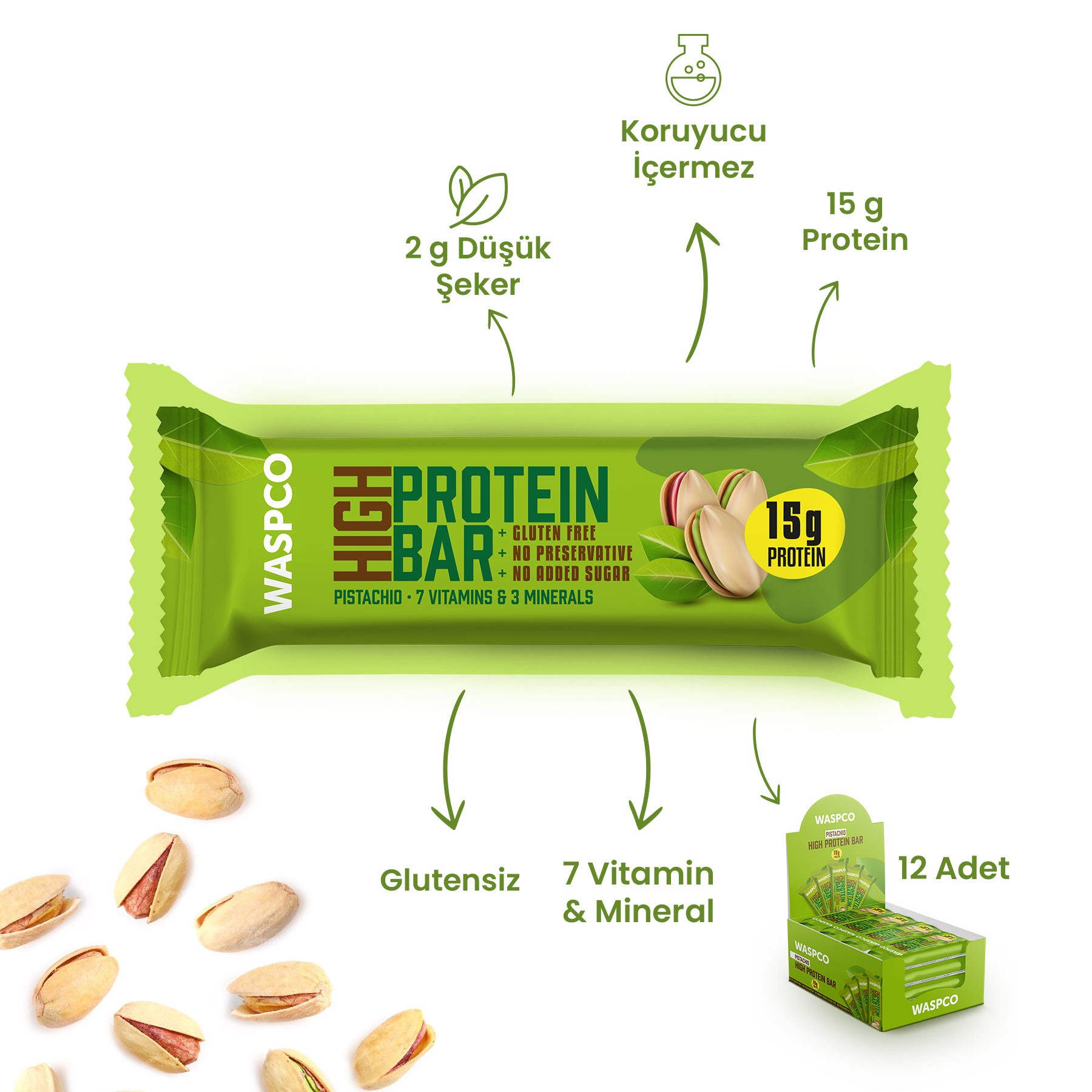 Antep Fıstıklı Yüksek Protein Bar 50g x 12 Adet