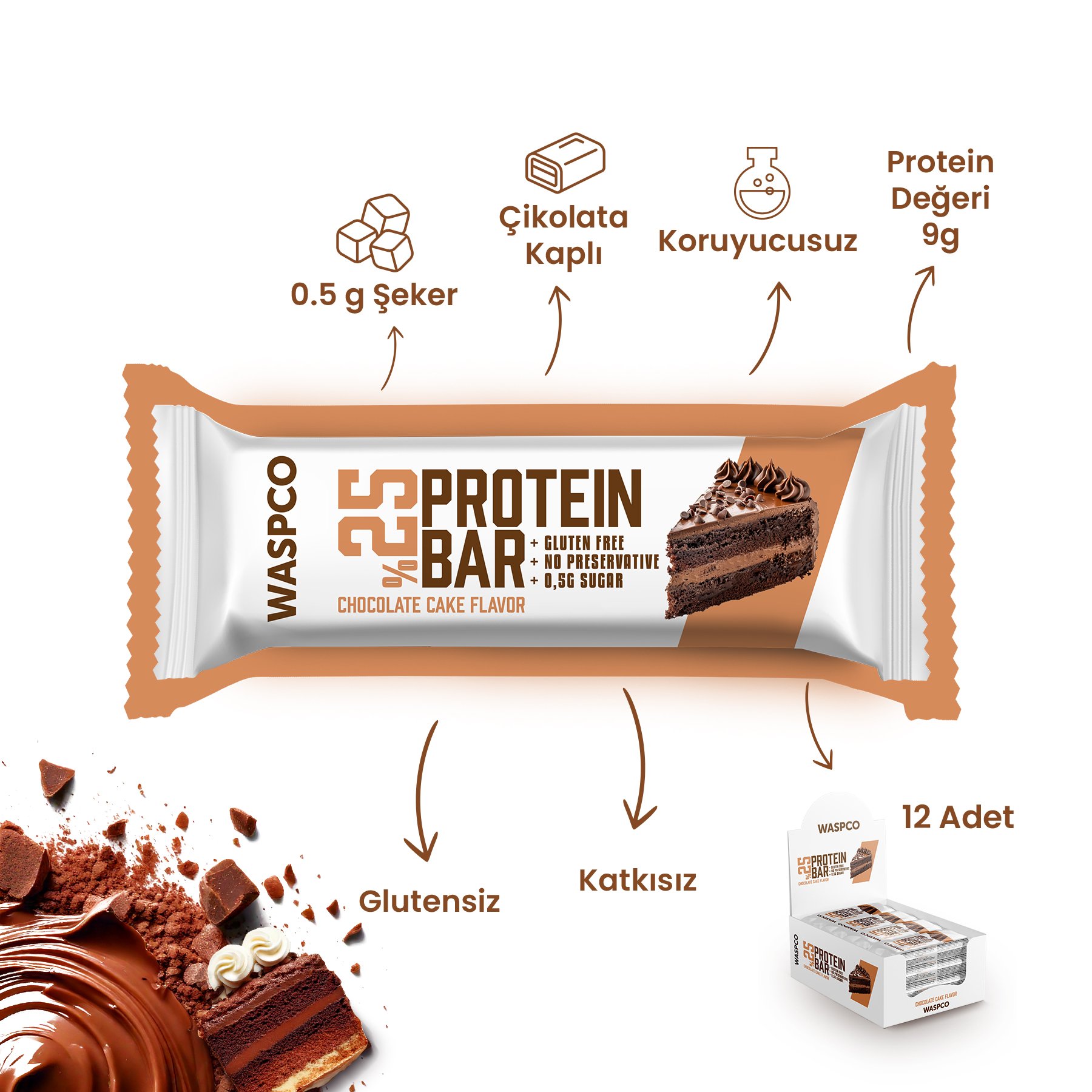 Bitter Çikolata Kaplı Çikolatalı Kek Aromalı Protein Bar 36G x 12 Adet