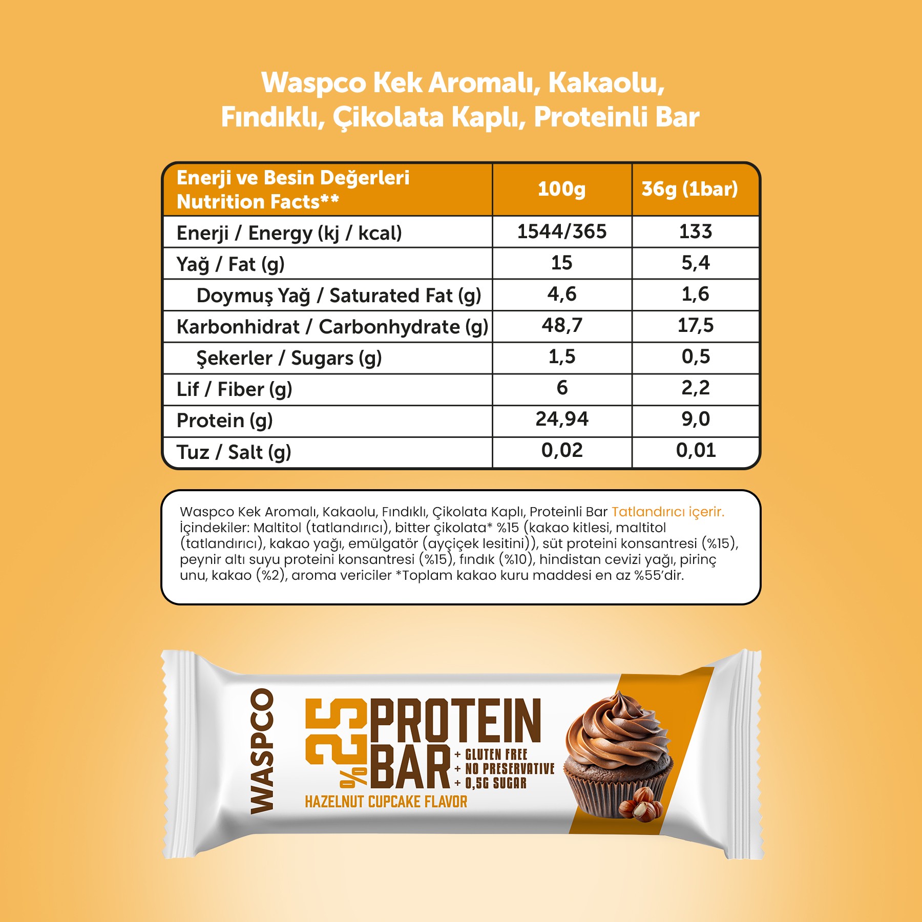 Bitter Çikolata Kaplı Fındıklı Cupcake Aromalı Protein Bar 36G x 12 Adet