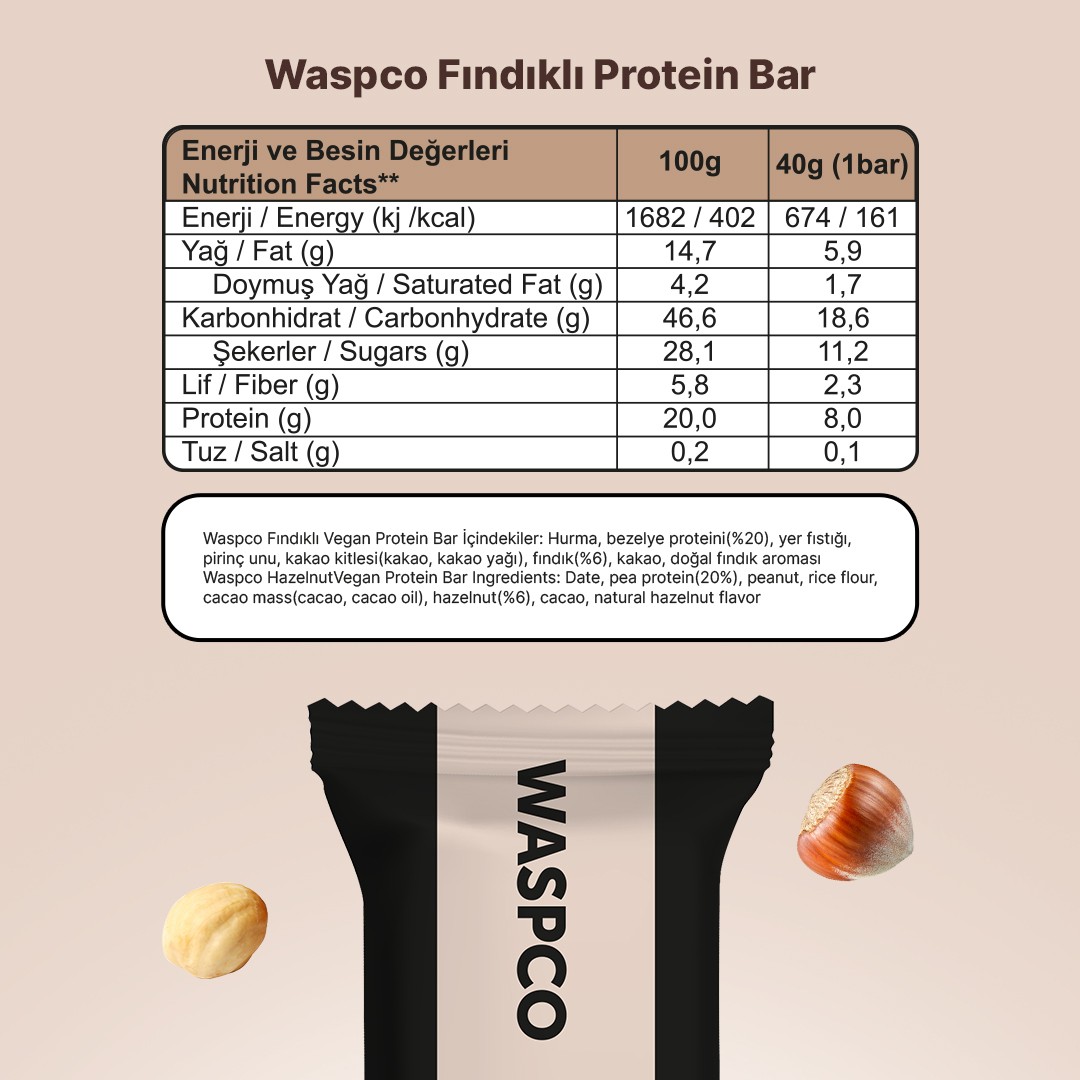 Hurmalı ve Fındıklı Vegan Protein Bar 40g x 12 Adet