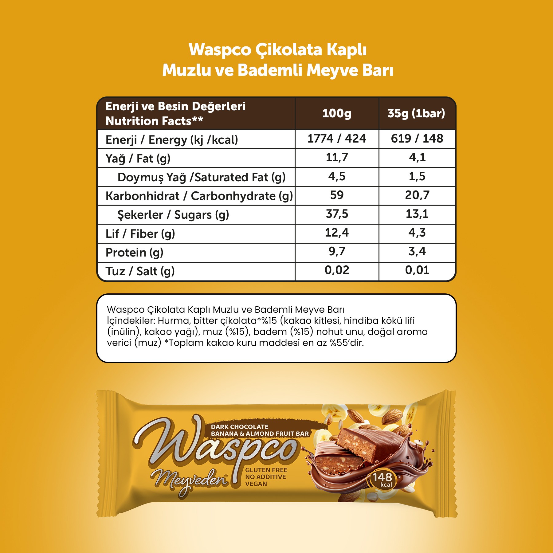 Bitter Çikolata Kaplı Muzlu ve Bademli Meyve Bar 35G x 12 Adet