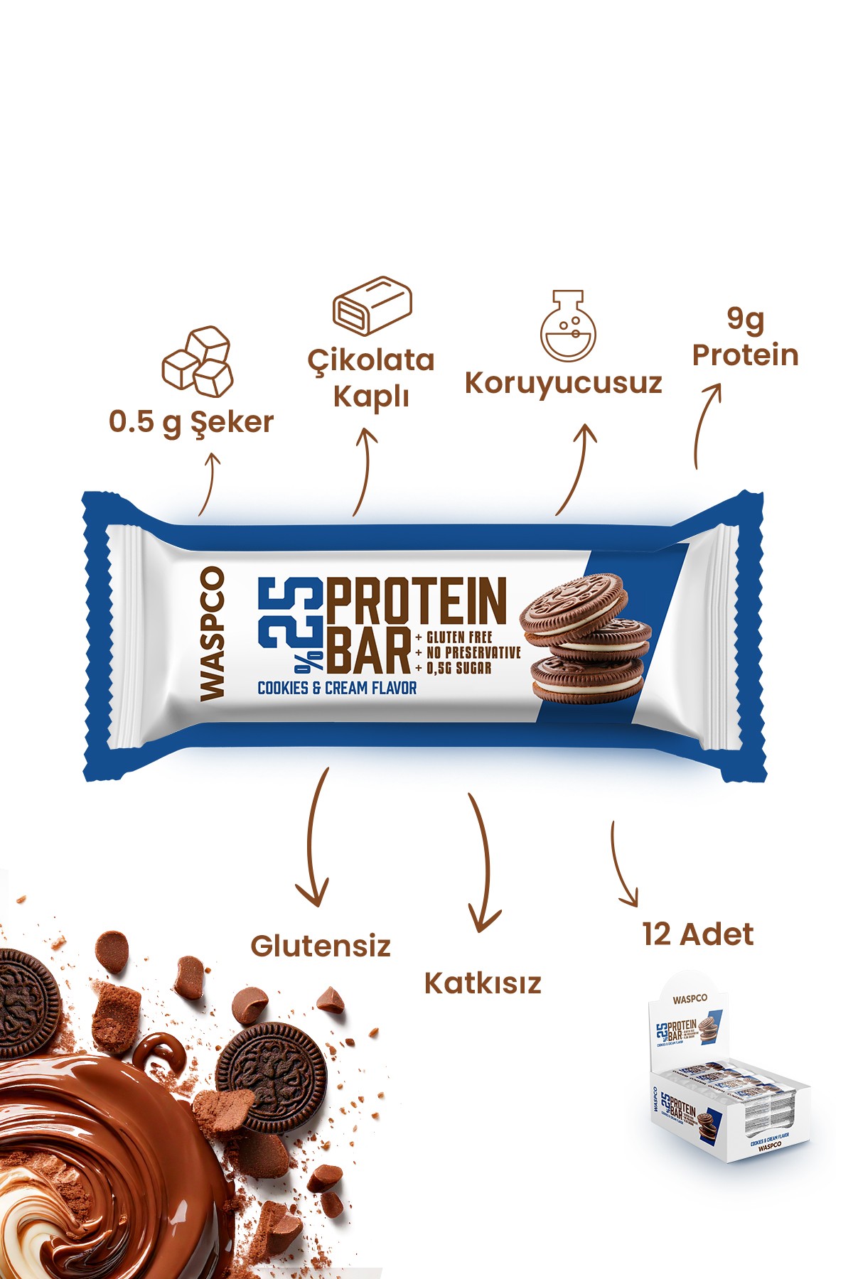Bitter Çikolata Kaplı Bisküvi Aromalı Protein Bar 36G x 12 Adet