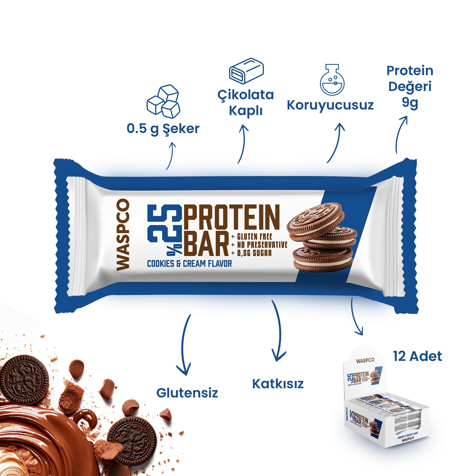 Bitter Çikolata Kaplı Bisküvi Aromalı Protein Bar 36G x 12 Adet