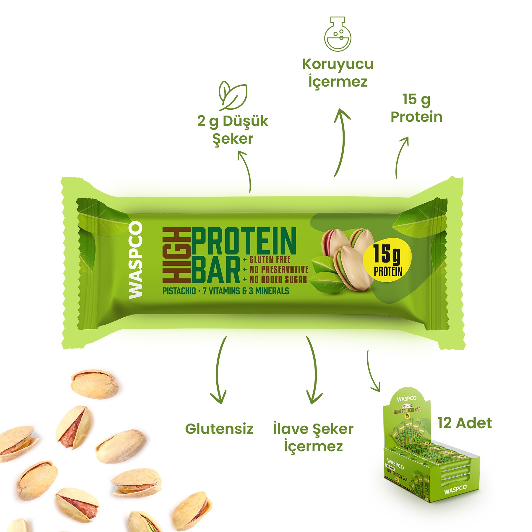 Antep Fıstıklı Yüksek Protein Bar 50g x 12 Adet