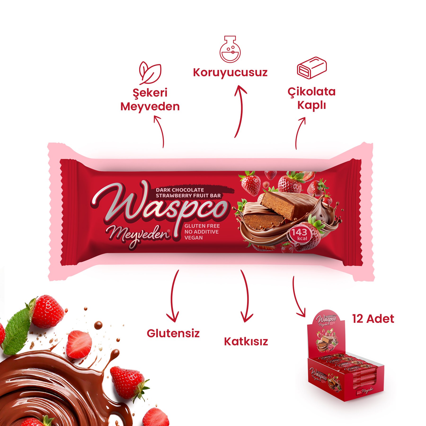 Bitter Çikolata Kaplı Çilekli Meyve Bar 35G x 12 Adet