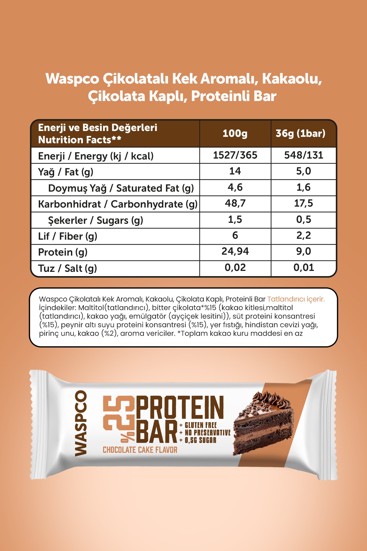 Bitter Çikolata Kaplı Çikolatalı Kek Aromalı Protein Bar 36G x 12 Adet
