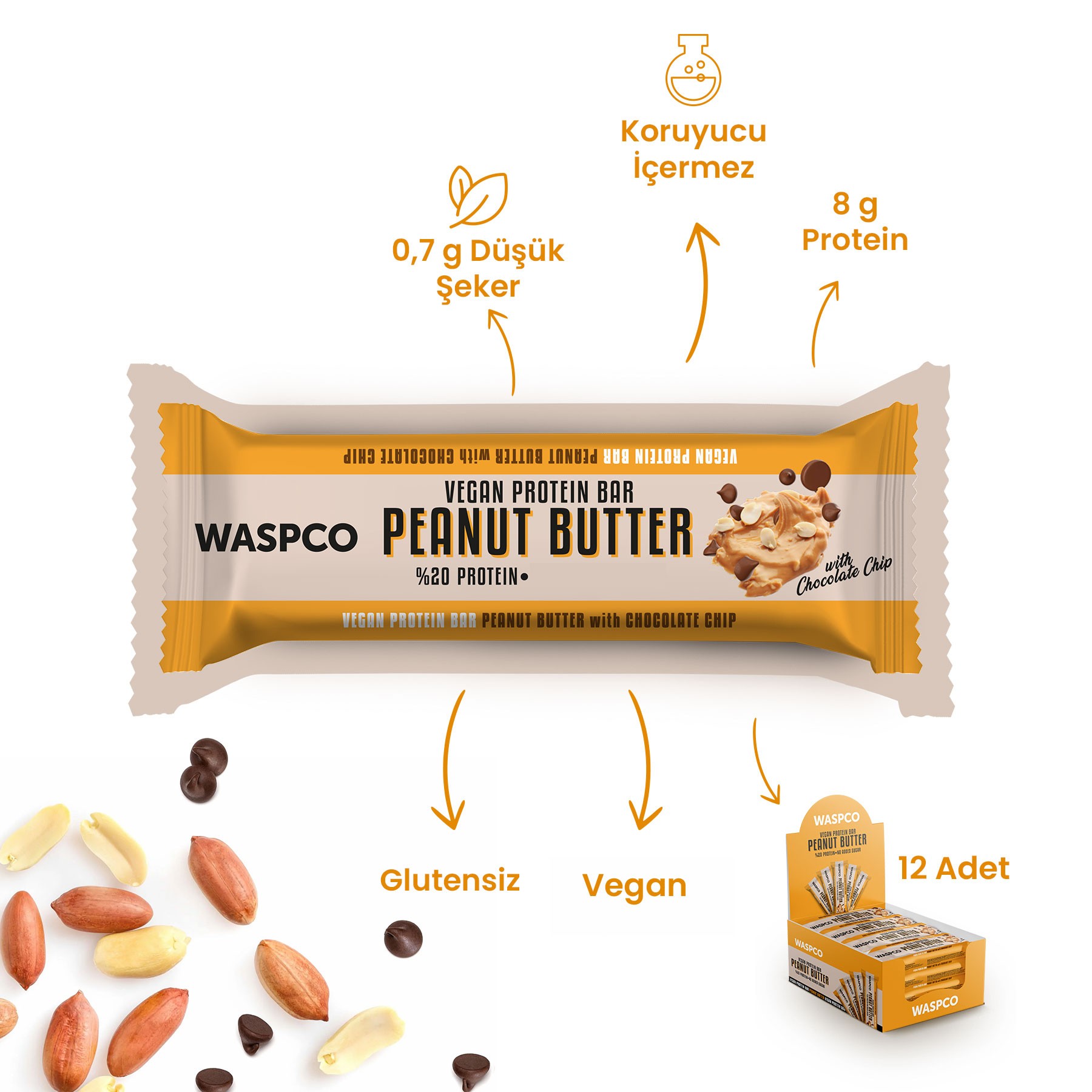 Fıstık Ezmeli ve Çikolata Parçalı Vegan Protein Bar 40g x 12 Adet