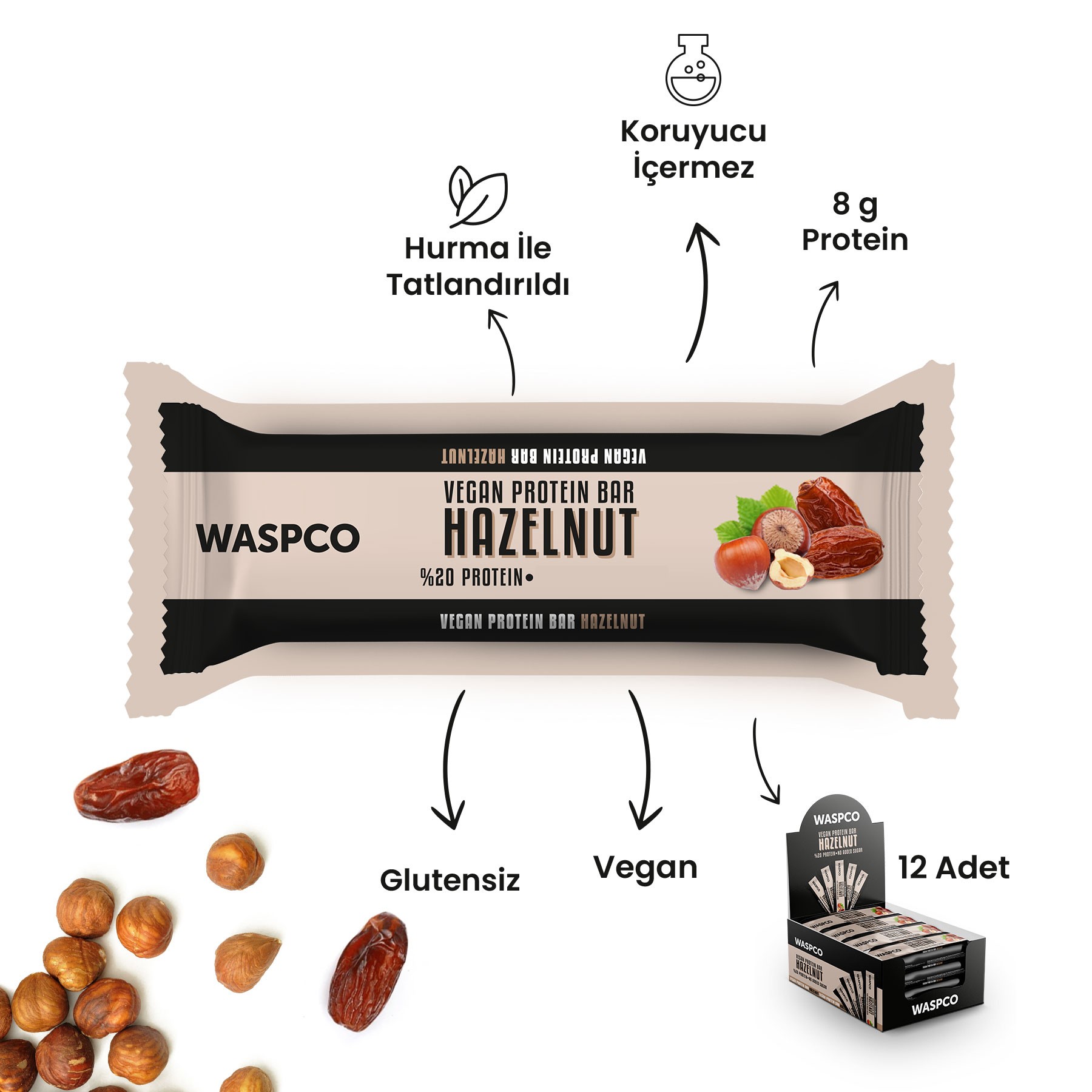 Hurmalı ve Fındıklı Vegan Protein Bar 40g x 12 Adet