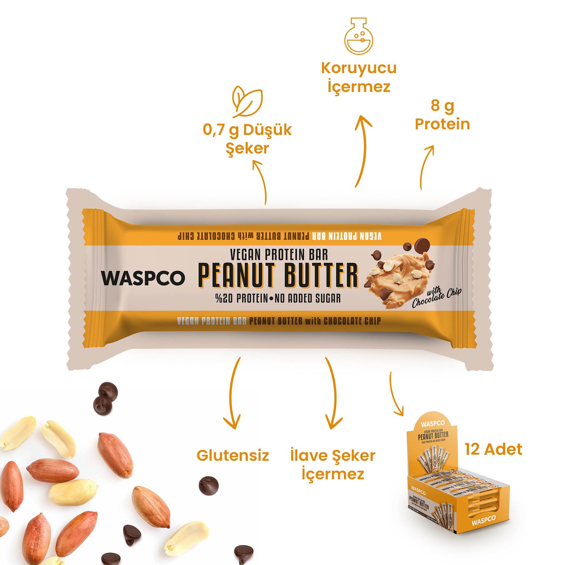 Fıstık Ezmeli ve Çikolata Parçalı Vegan Protein Bar 40g x 12 Adet