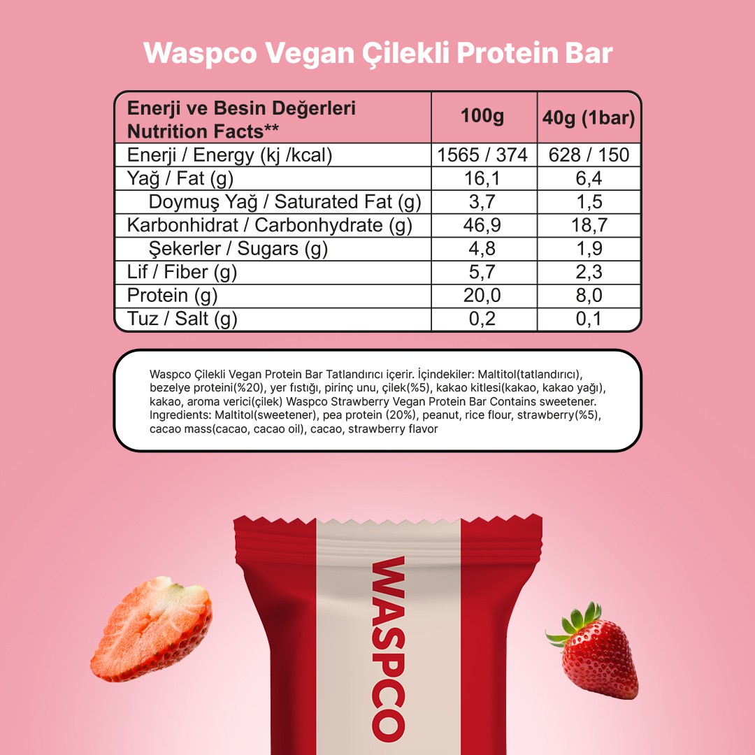 Çilekli Vegan Protein Bar 40g x 12 Adet
