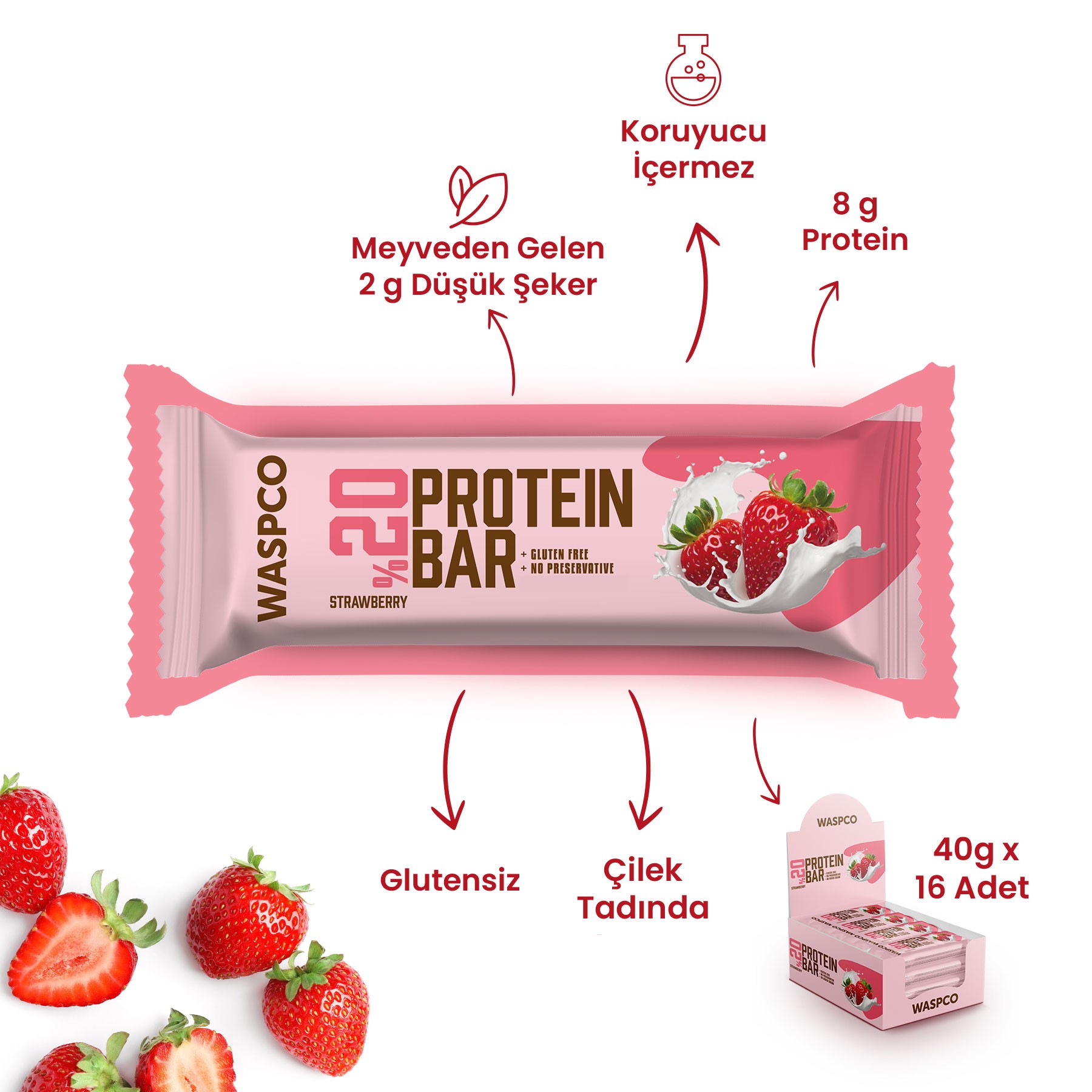 Çilekli Protein Bar 40g x 12 Adet