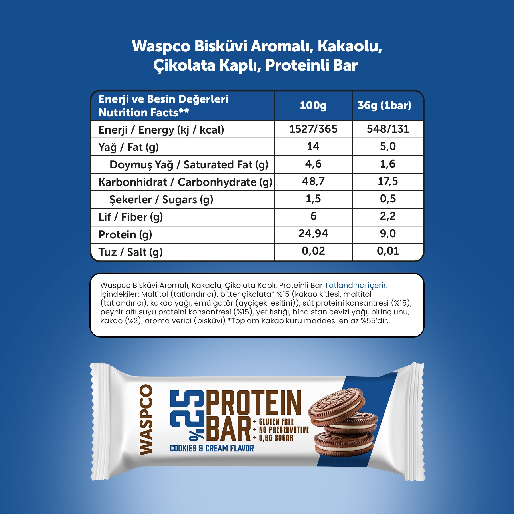 Bitter Çikolata Kaplı Bisküvi Aromalı Protein Bar 36G x 12 Adet