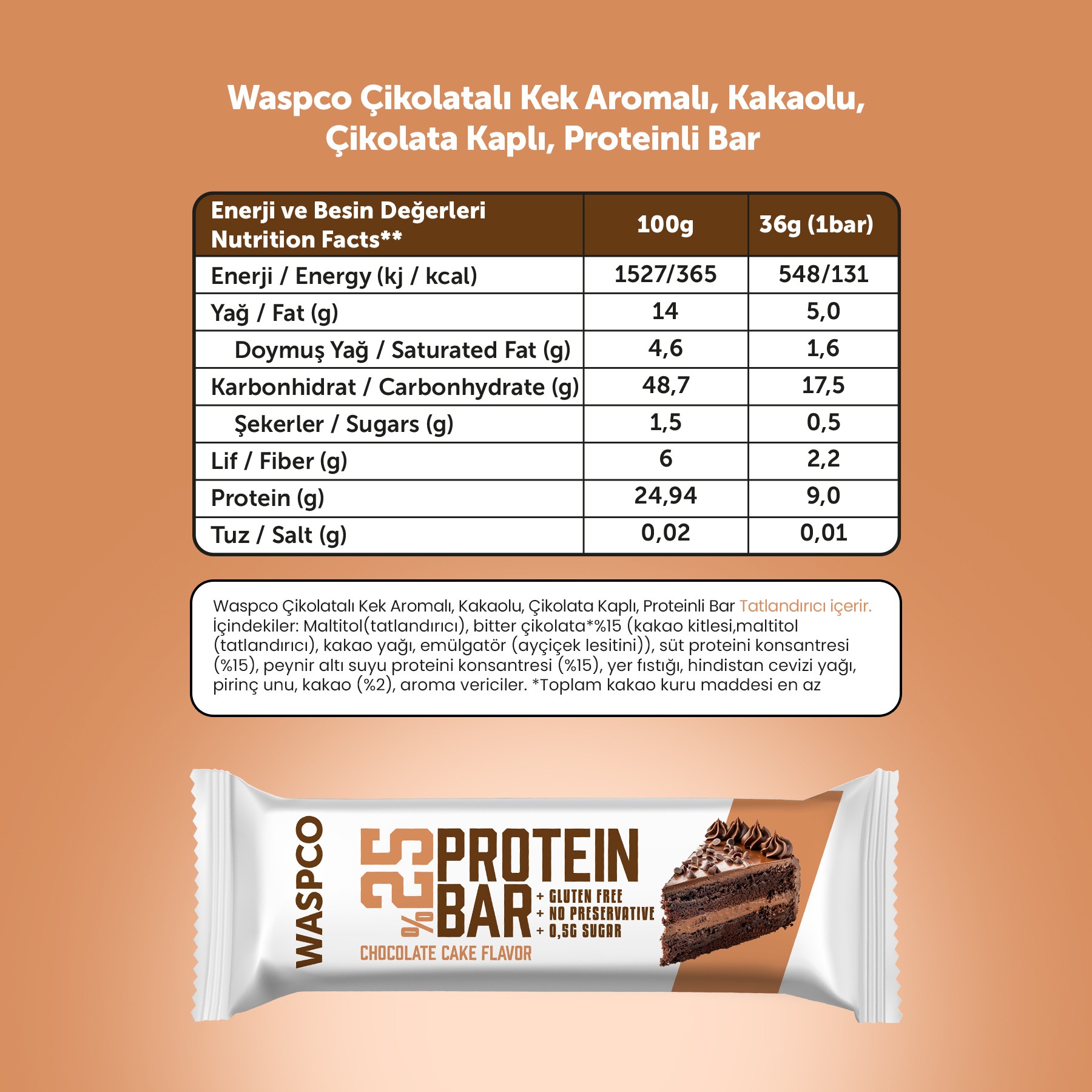 Bitter Çikolata Kaplı Çikolatalı Kek Aromalı Protein Bar 36G x 12 Adet
