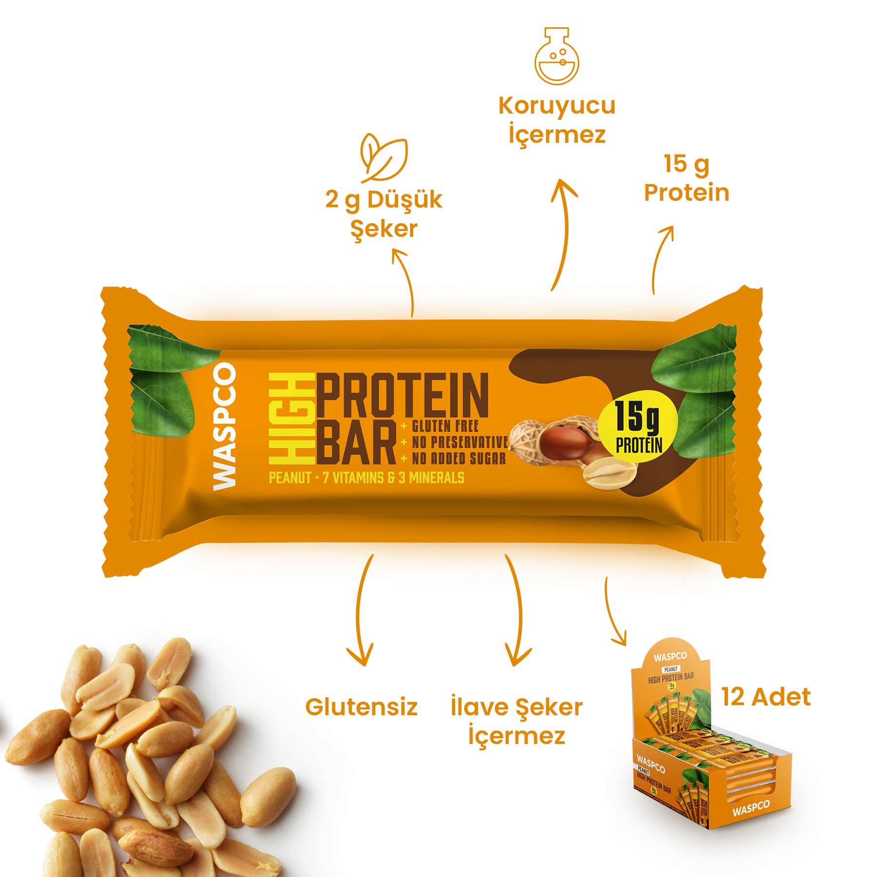 Yer Fıstıklı Yüksek Protein Bar 50g x 12 Adet