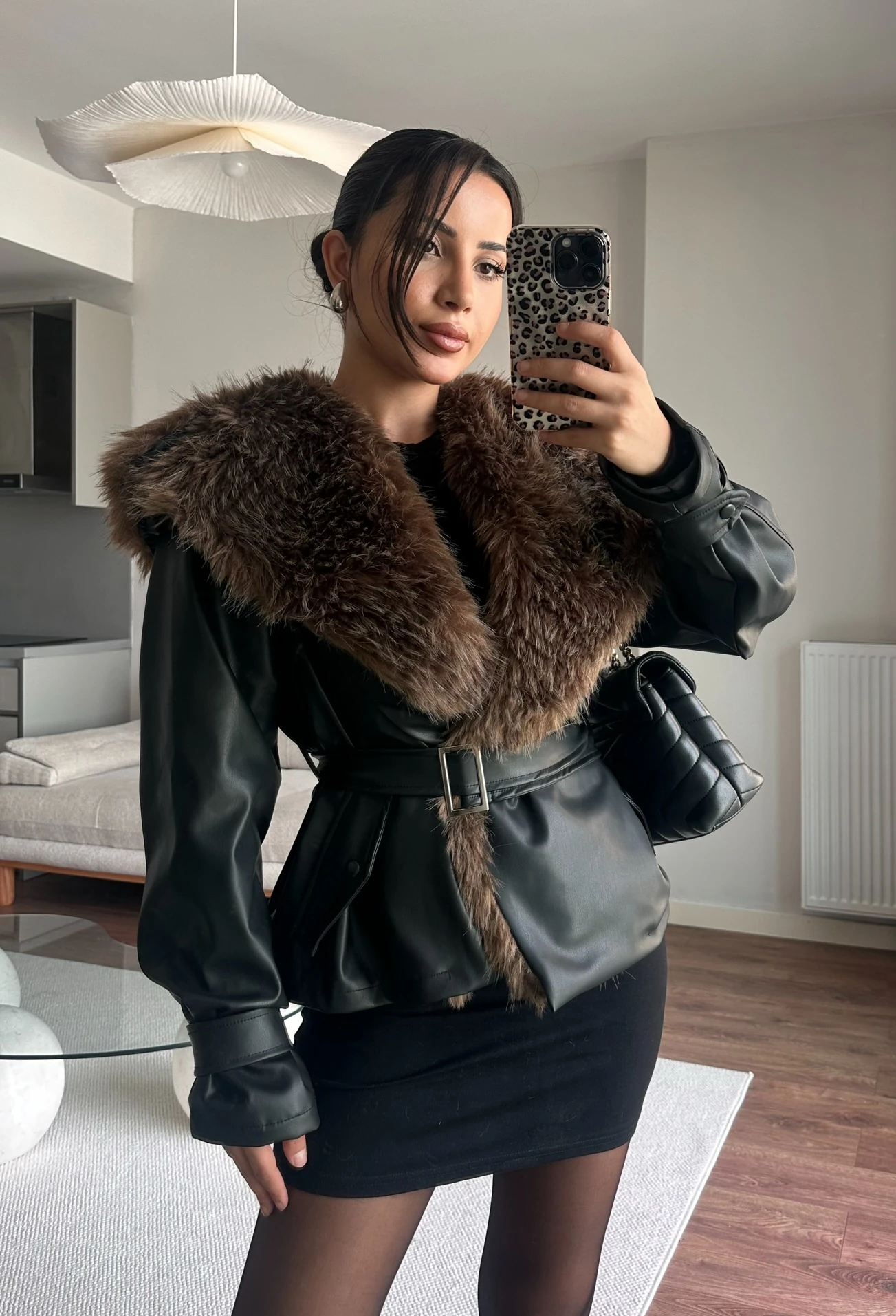 Luxe Kürk Detaylı Deri Ceket  - siyah