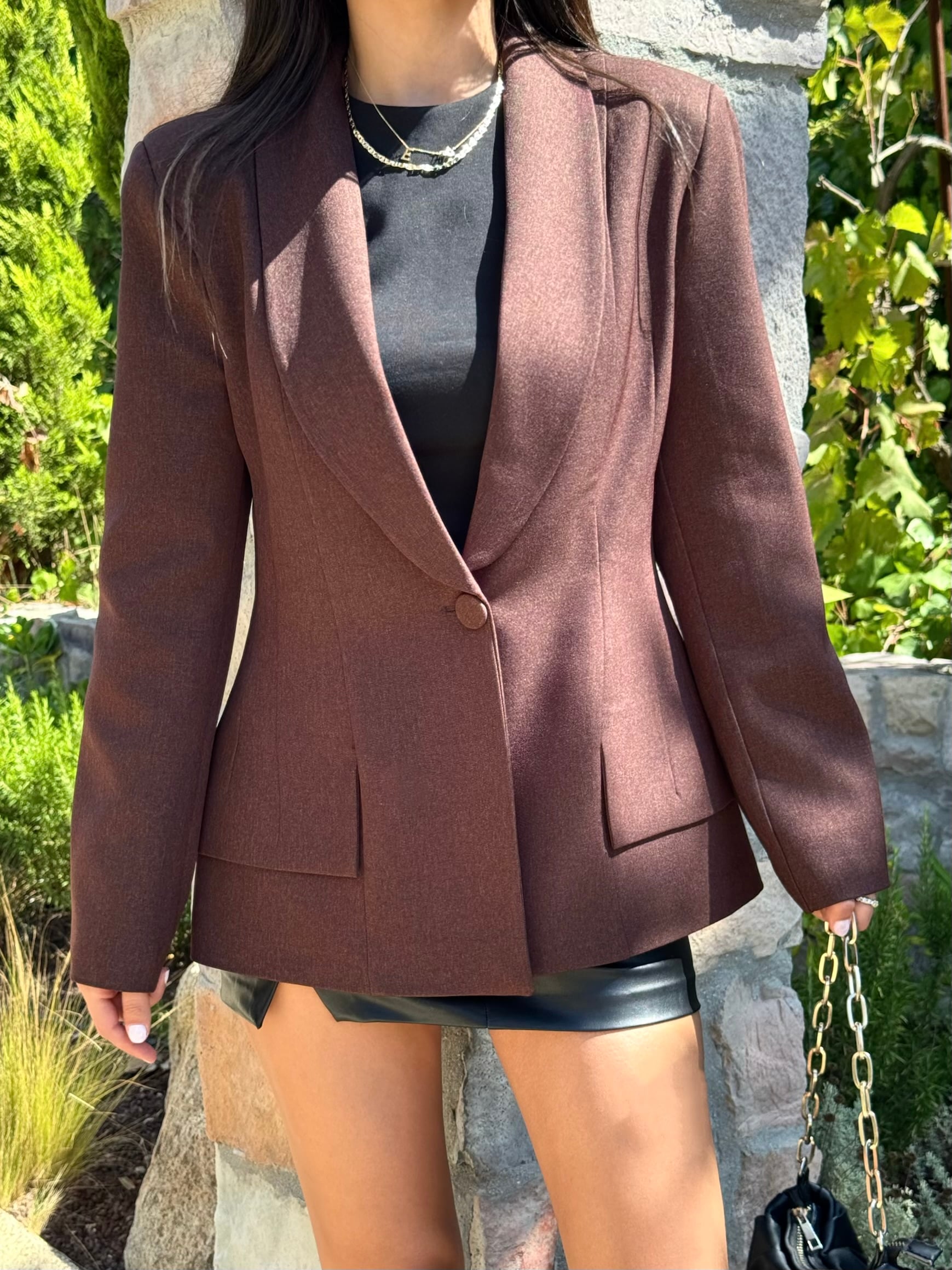 Kahverengi Tek Düğmeli Blazer