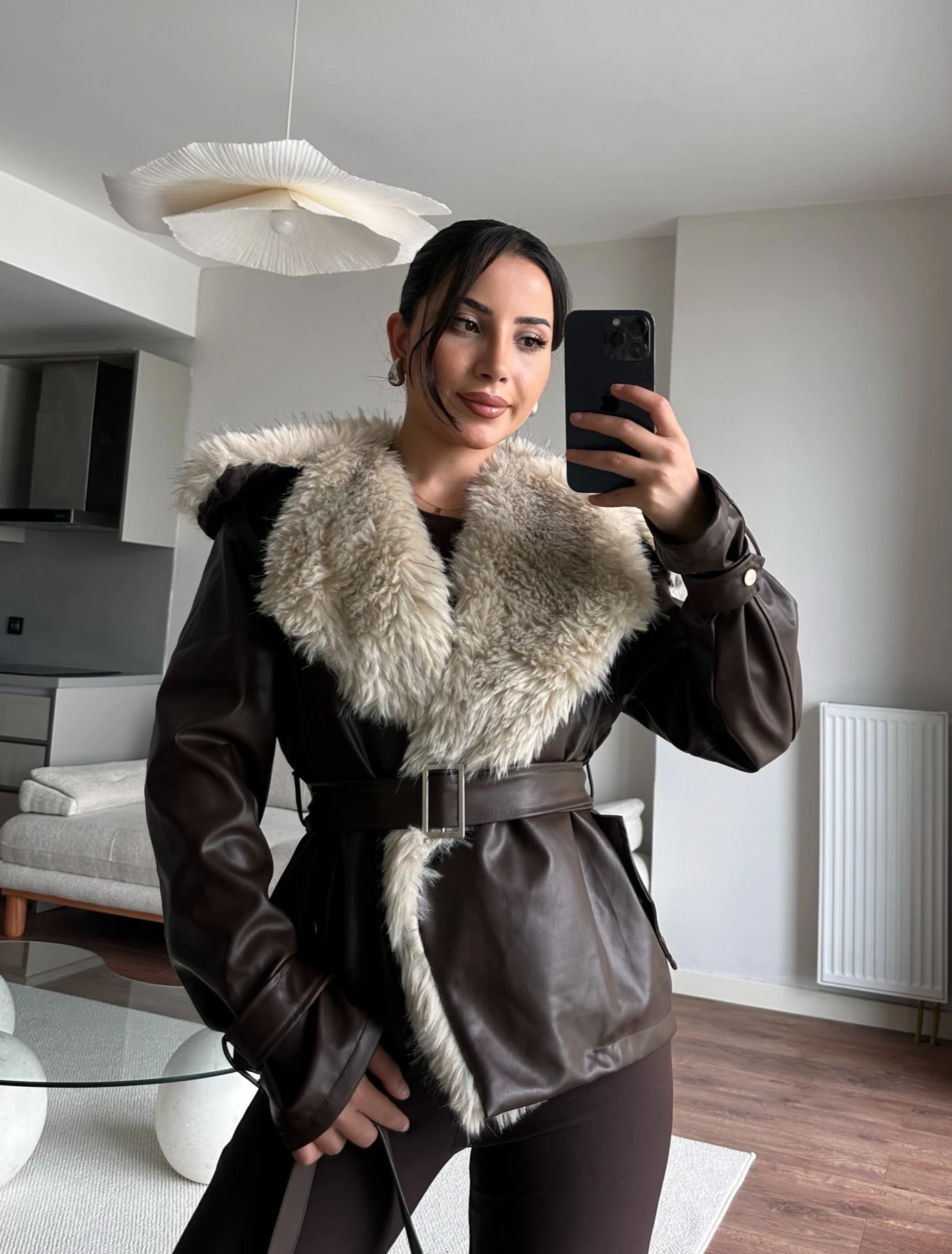 Luxe Kürk Detaylı Deri Ceket  - kahverengi