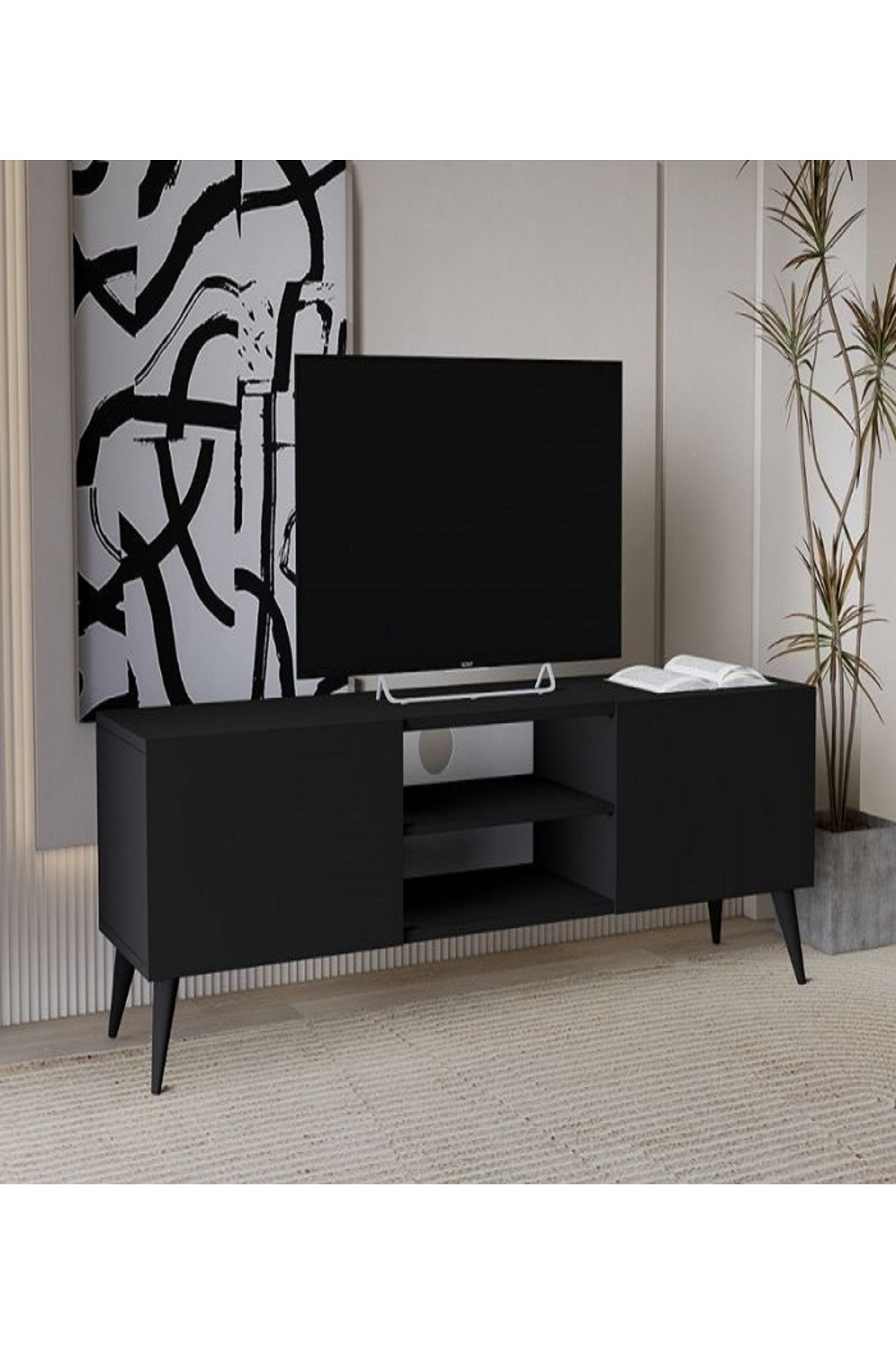 Tv Ünitesi Tv Sehpası Televizyon Sehpası Masası 140x30 cm Siyah (Siyah Konik Ayak)