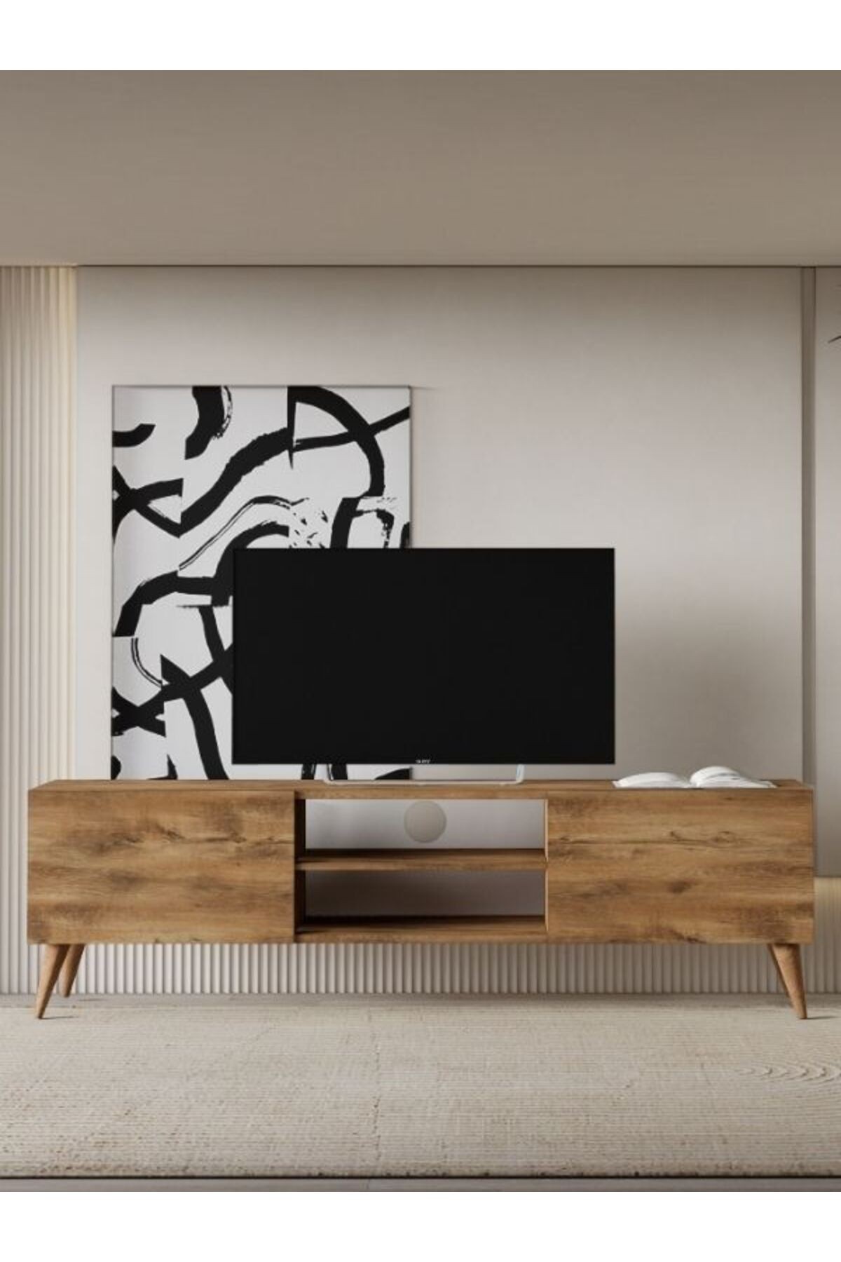 Tv Ünitesi Tv Sehpası Televizyon Sehpası Masası 140x30 cm Atlantik Çam (Venezia Konik Ayak)
