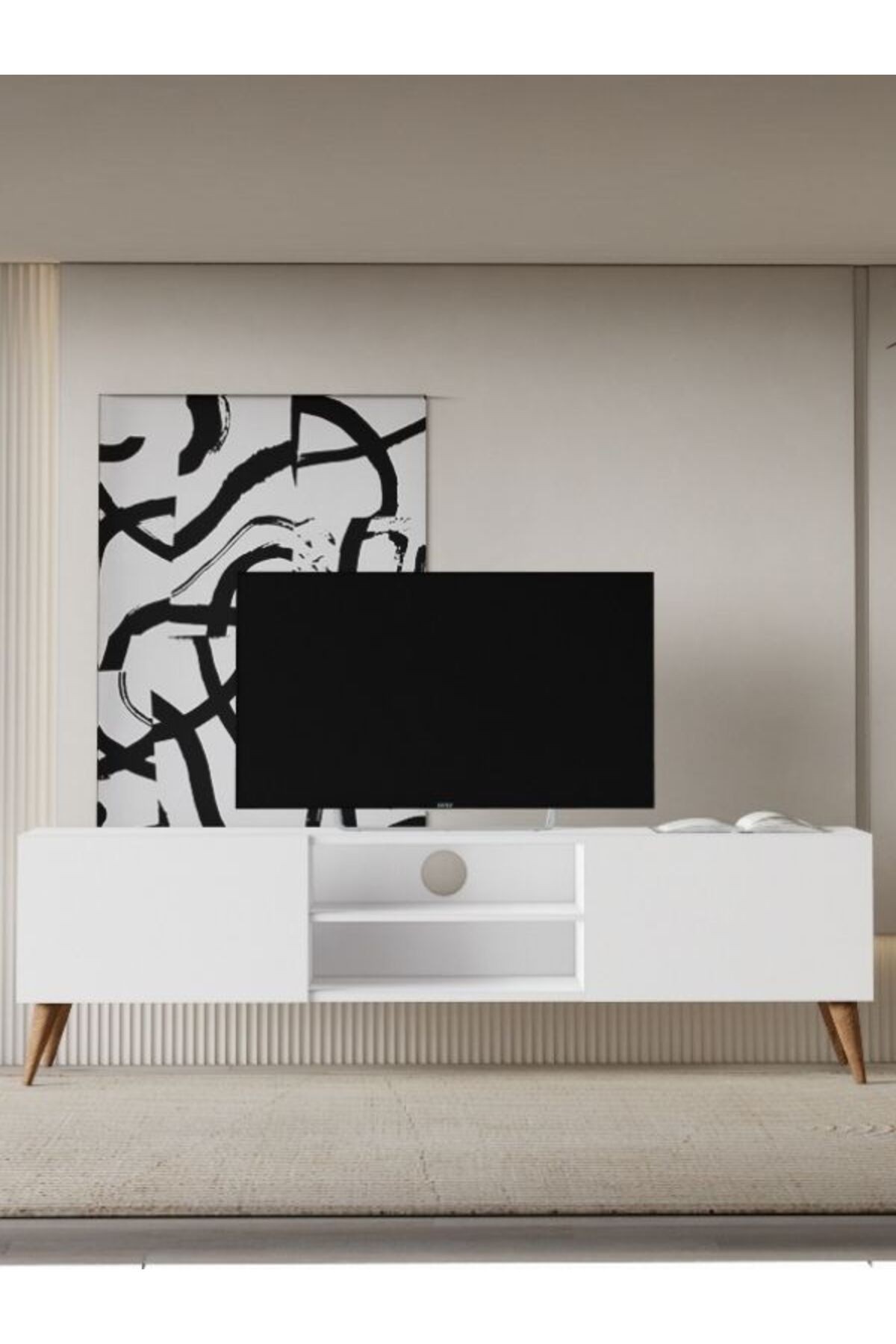 Tv Ünitesi Tv Sehpası Televizyon Sehpası Masası 140x30 cm Beyaz (Venezia Konik Ayak)