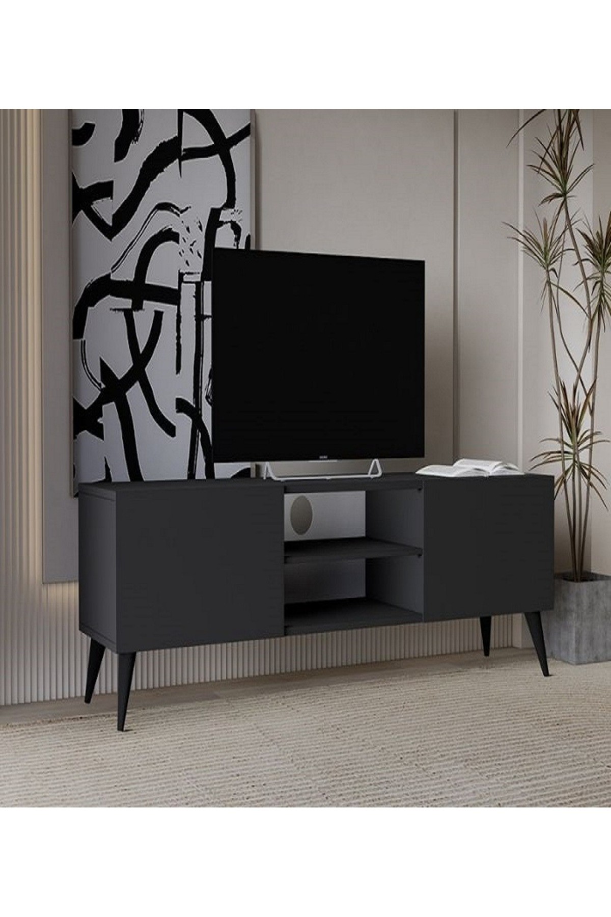 Tv Ünitesi Tv Sehpası Televizyon Sehpası Masası 140x30 cm Antrasit (Siyah Konik Ayak)