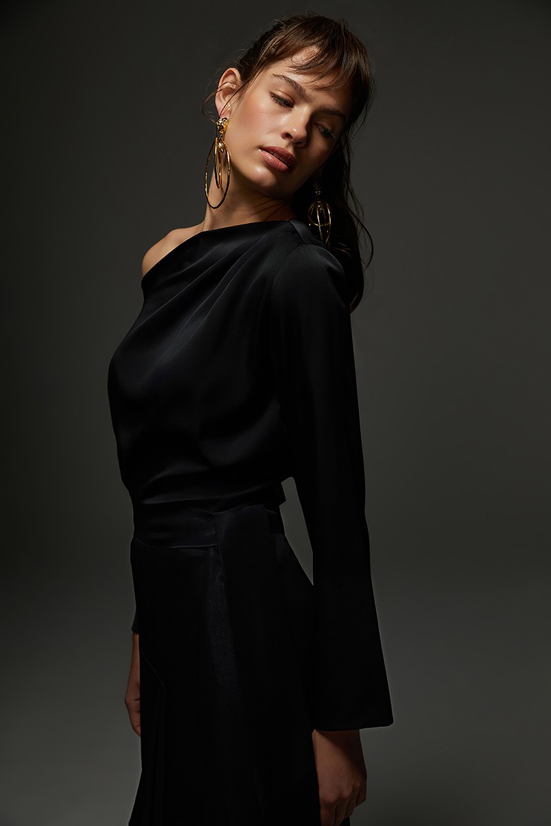 Boat Neck Satin Blouse - Black