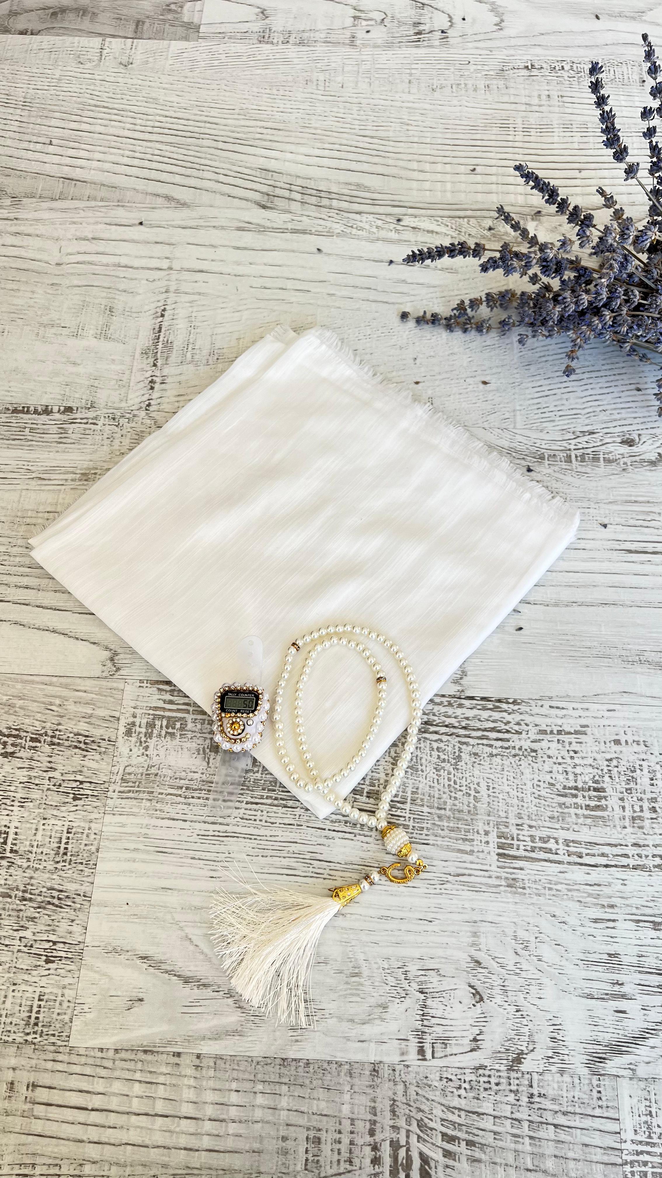 Varaklı Özel Çantalı Pamuklu Eşarp Seti - Beyaz