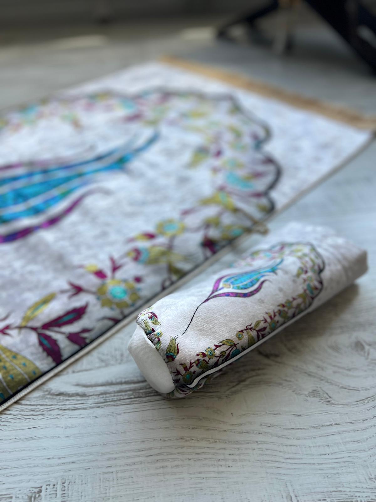 Torbalı Laleli Ebruli Seccade Mavi Renk