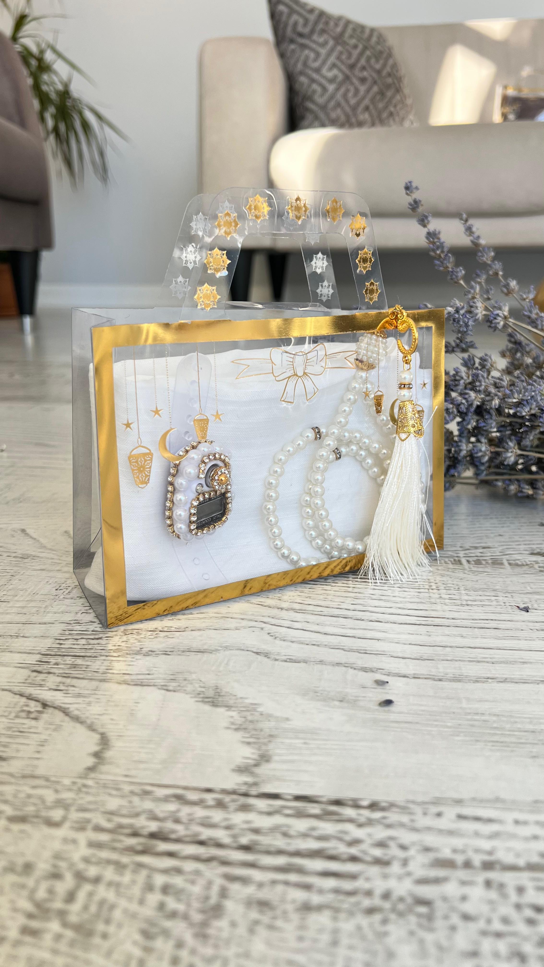 Varaklı Özel Çantalı Pamuklu Eşarp Seti - Beyaz