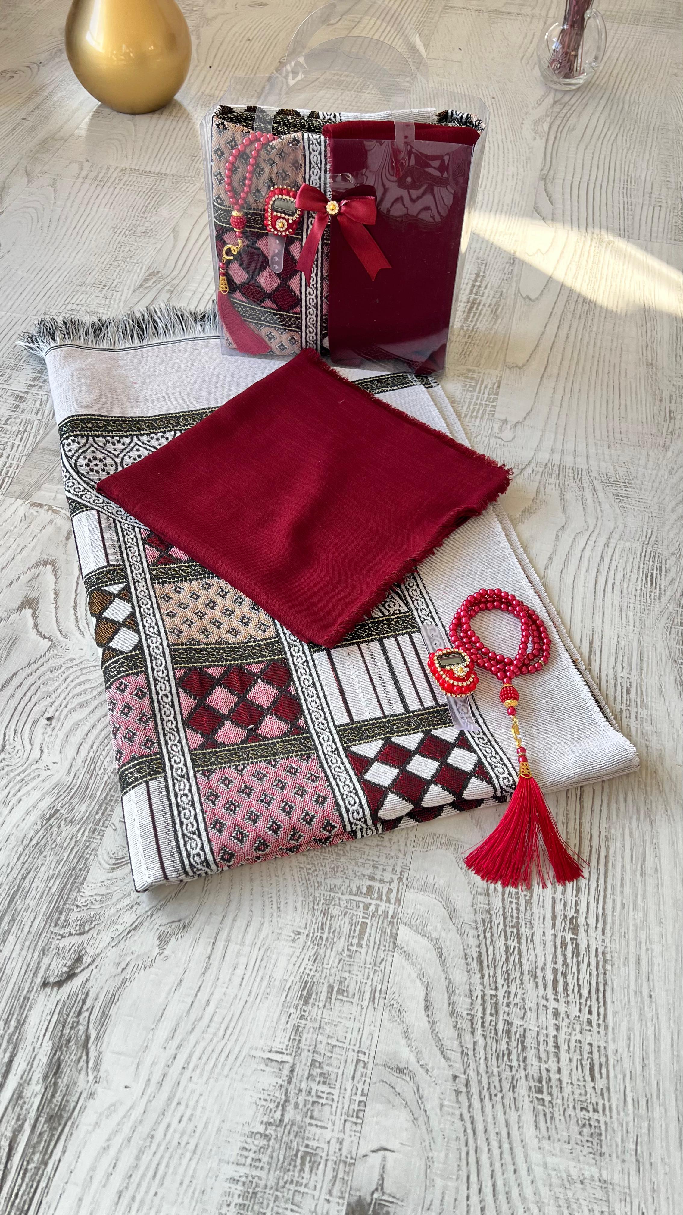 Estat çantalı Pamuklu Goblen 40 Yama Seccade Seti - Bordo