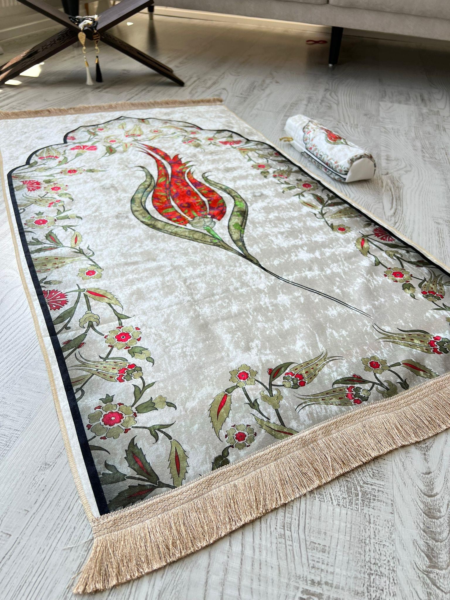 Torbalı Laleli Ebruli Seccade Kırmızı Renk