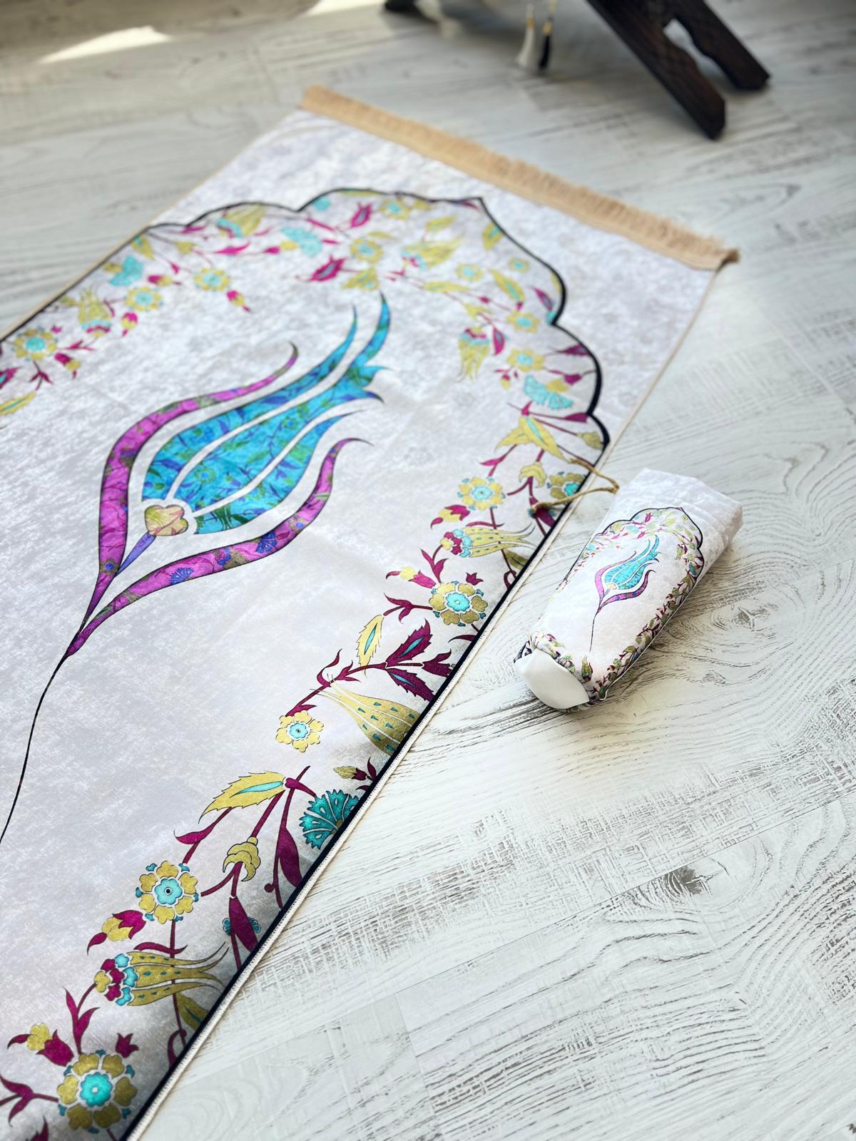 Torbalı Laleli Ebruli Seccade Mavi Renk