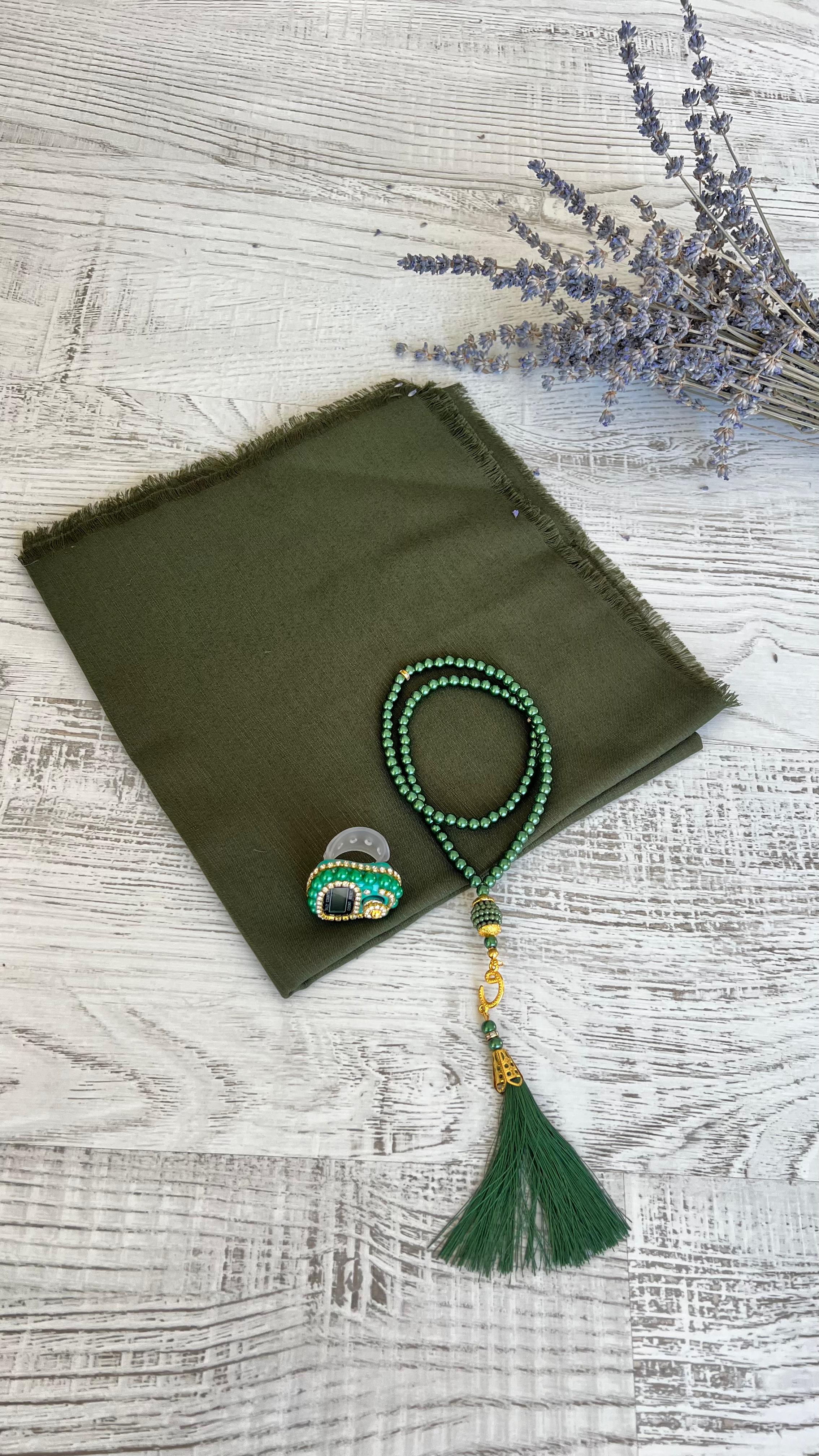 Varaklı Özel Çantalı Pamuklu Eşarp Seti - Haki