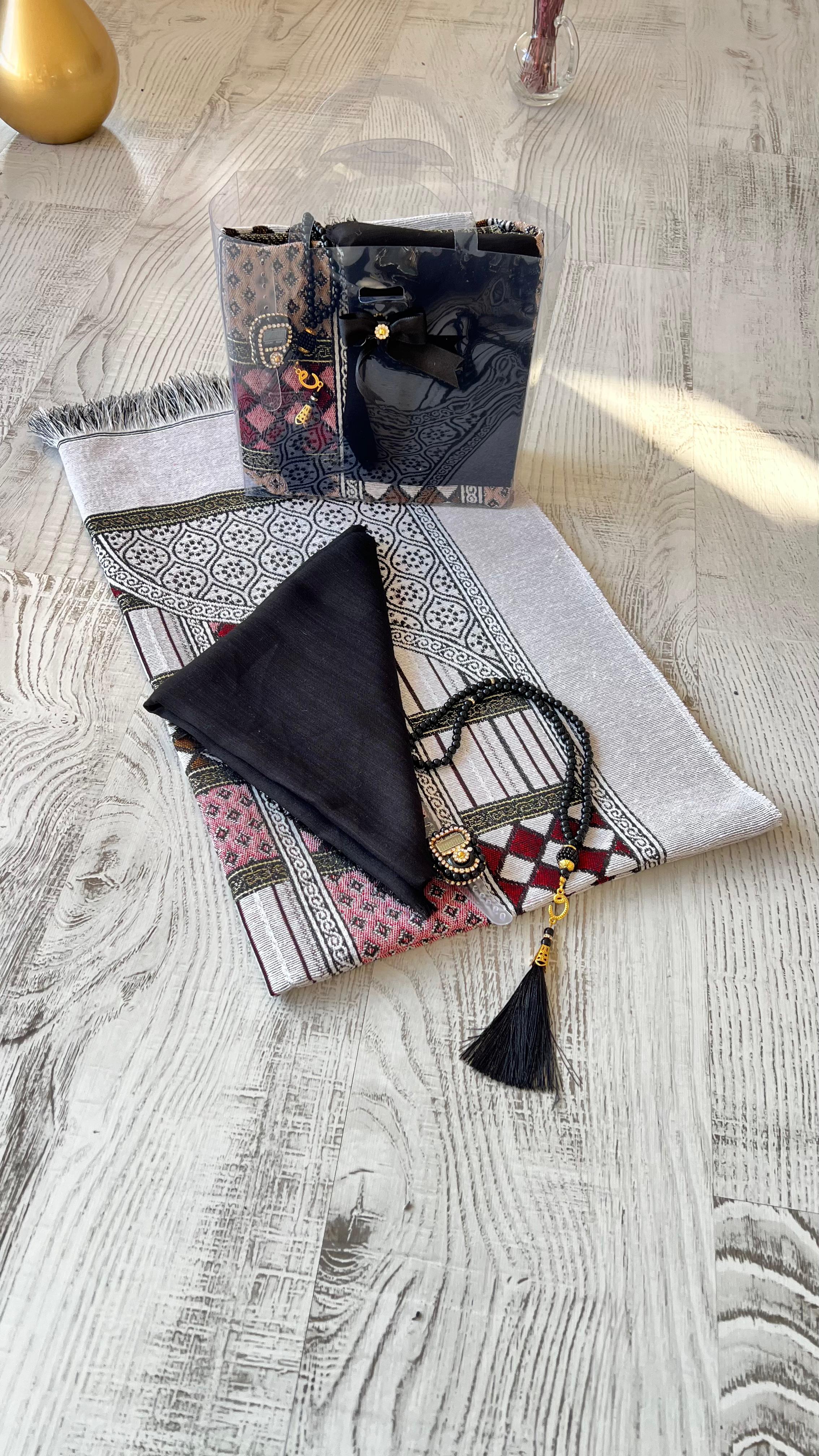 Estat çantalı Pamuklu Goblen 40 Yama Seccade Seti - Siyah