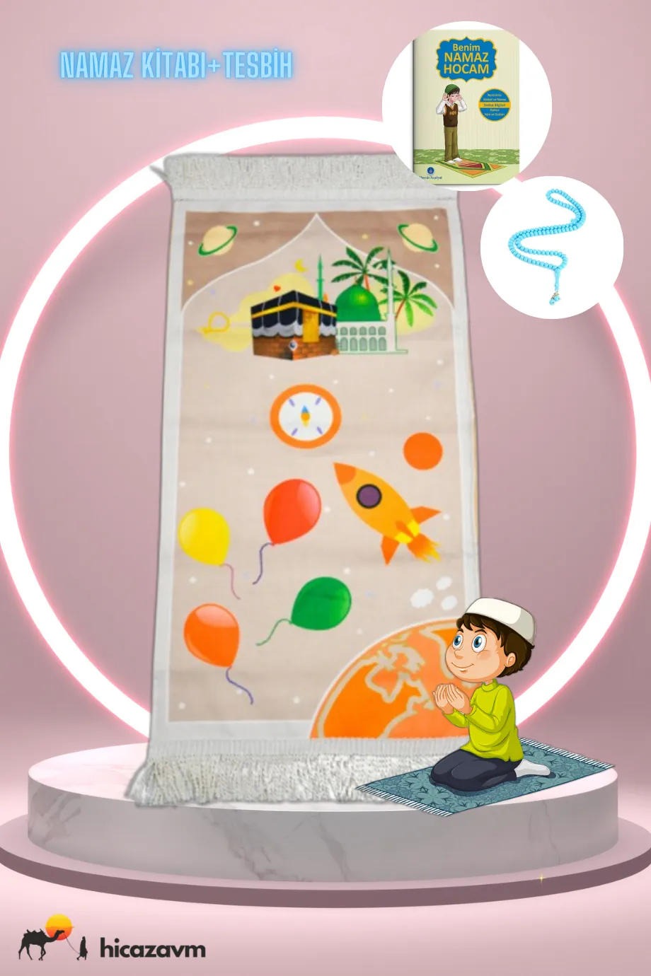 Dijital Baskı Çocuk Çift Katlı Astarlı Tesbih Namaz Dua Ibadet Kitabı Seccade Seti