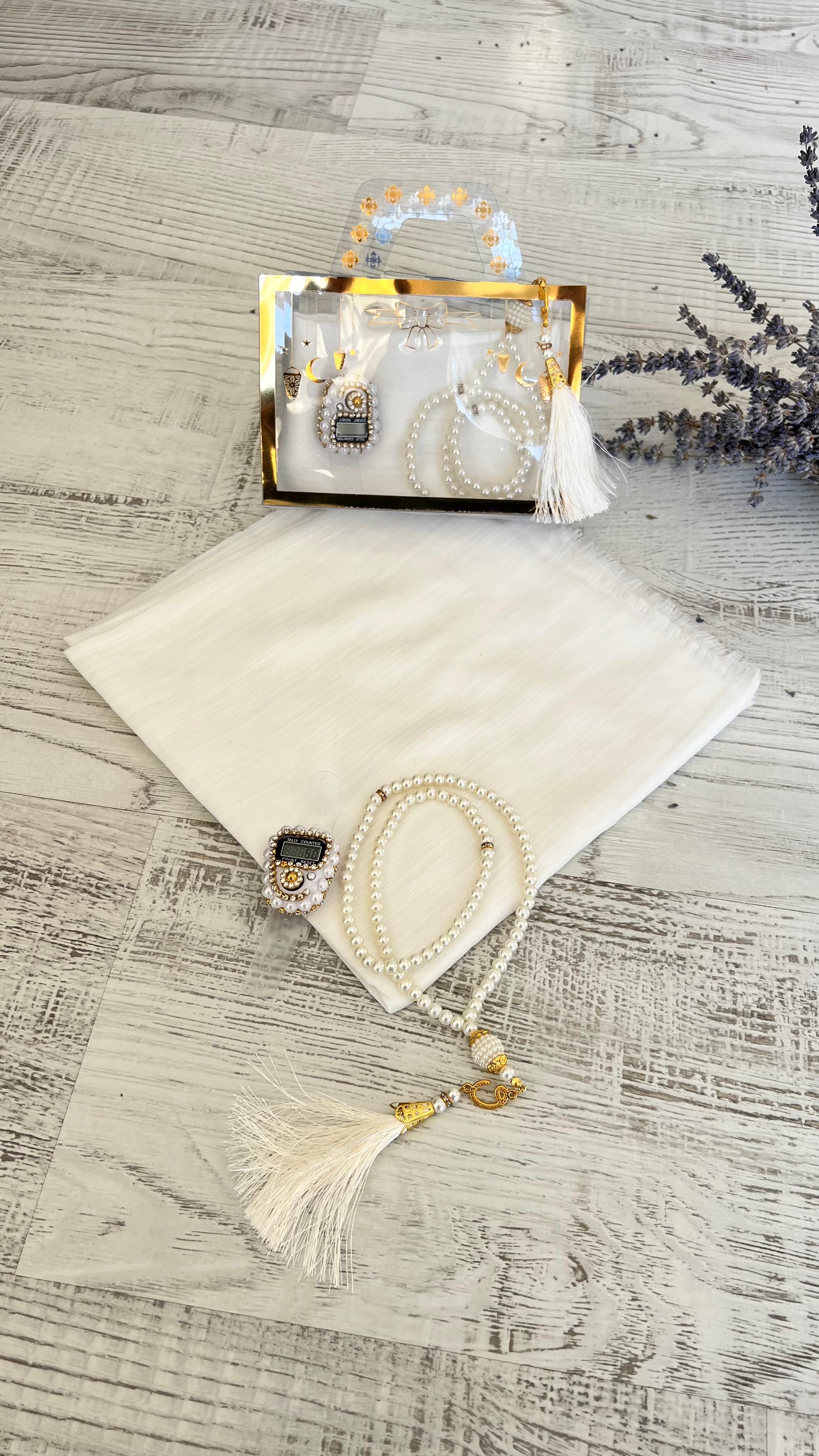 Varaklı Özel Çantalı Pamuklu Eşarp Seti - Beyaz