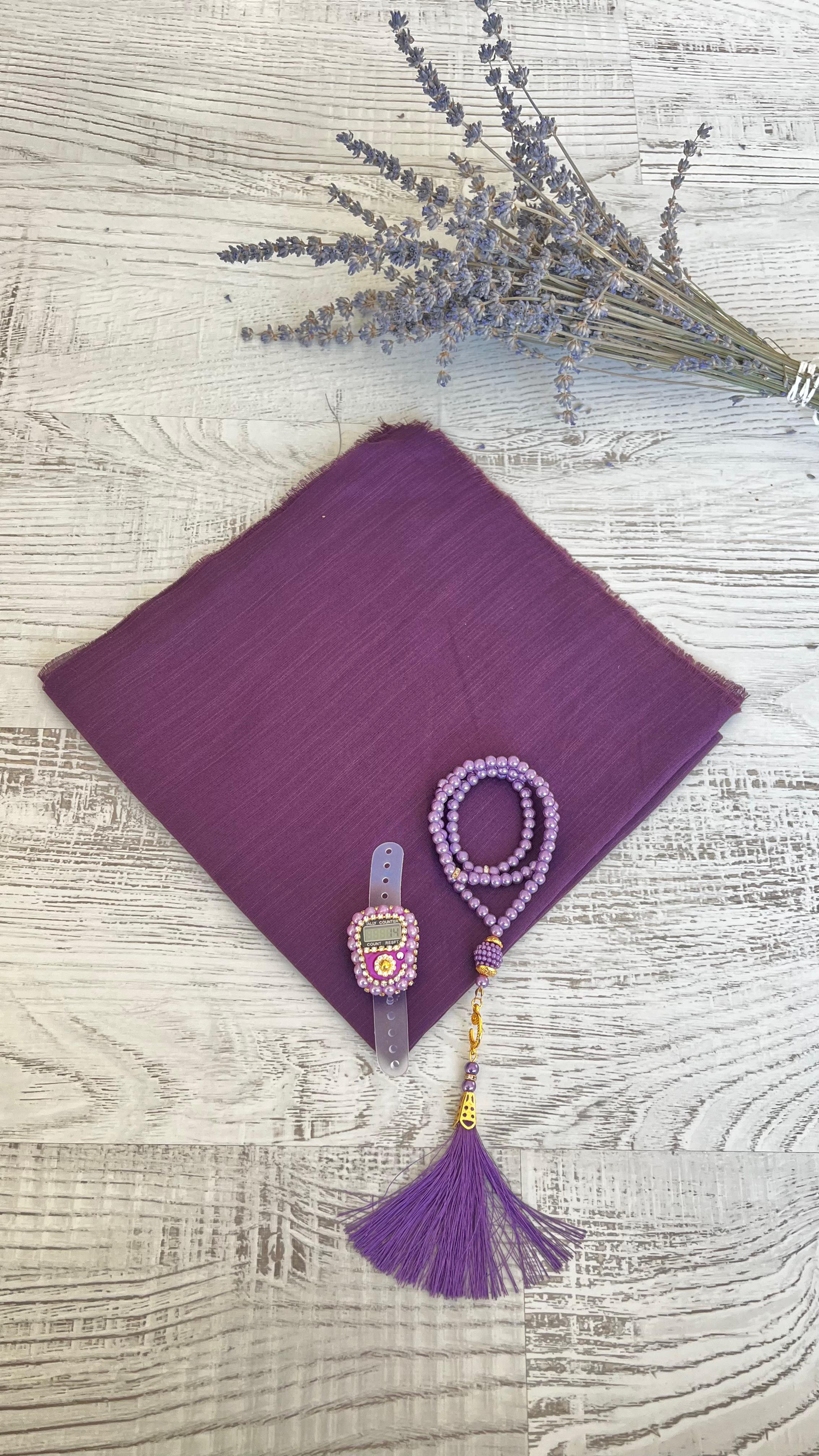 Varaklı Özel Çantalı Pamuklu Eşarp Seti - Mor