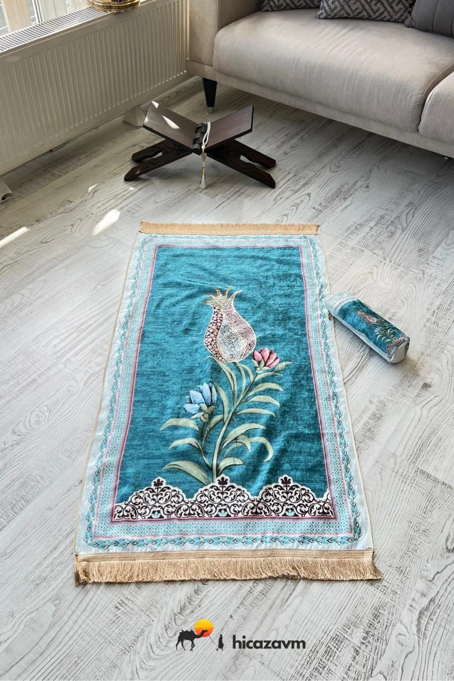 Lale Motifli Torbalı Seccade Mavi Renk