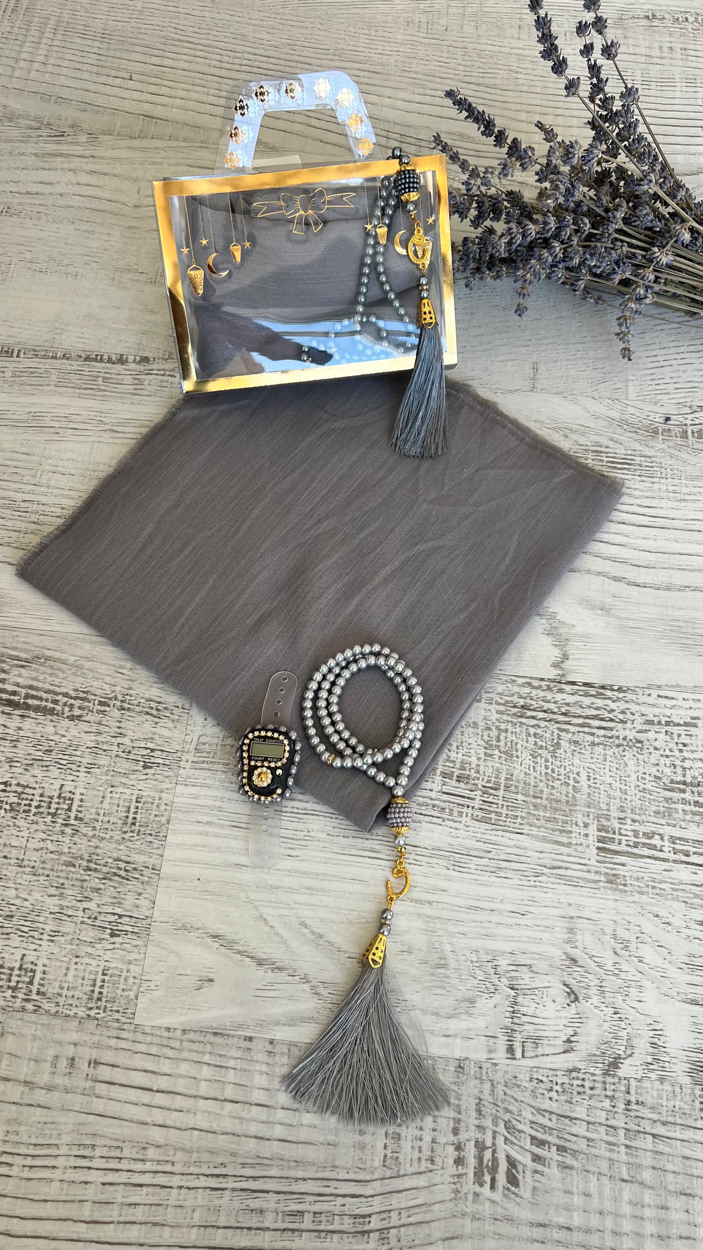 Varaklı Özel Çantalı Pamuklu Eşarp Seti - Gri