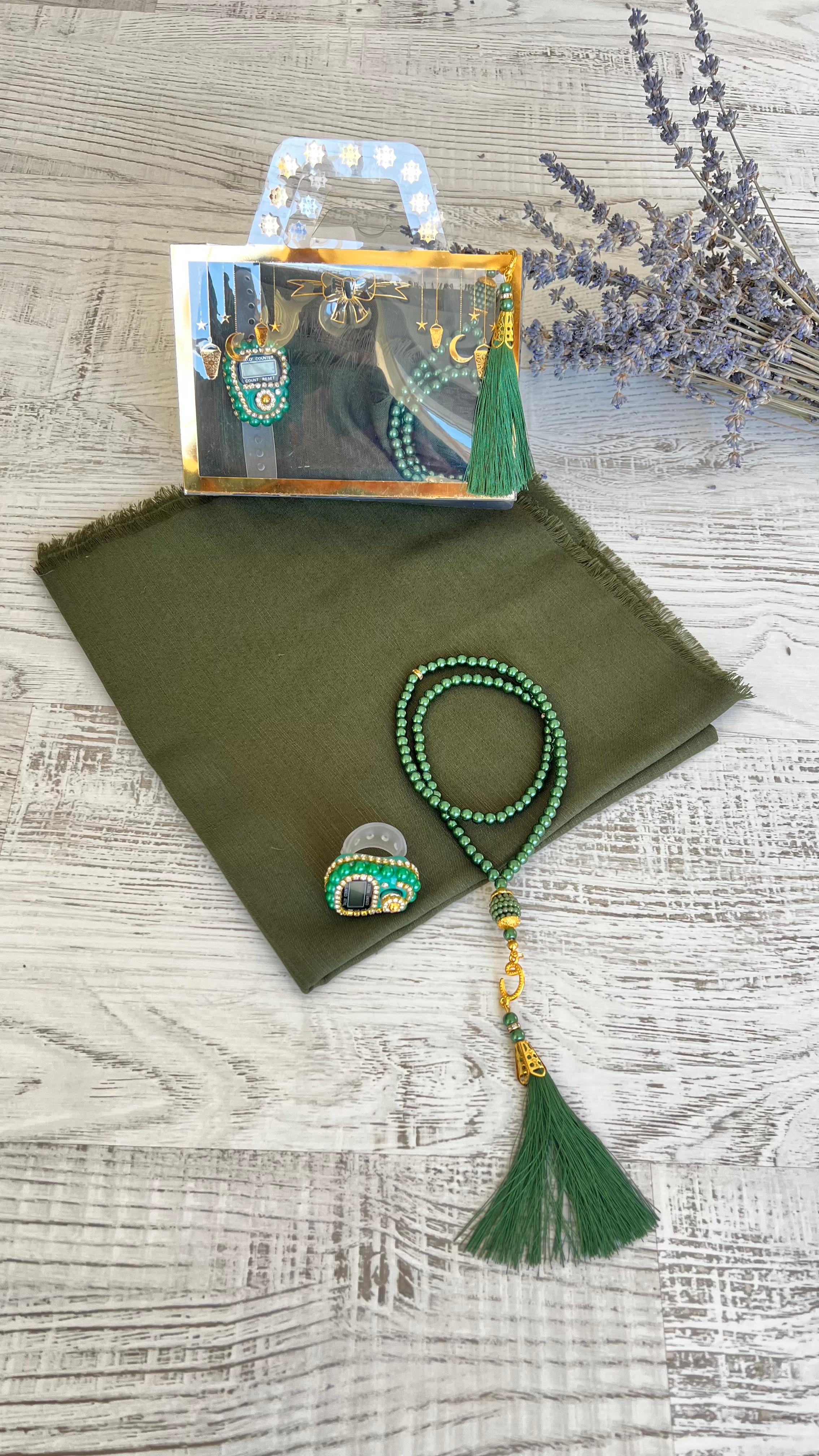 Varaklı Özel Çantalı Pamuklu Eşarp Seti - Haki