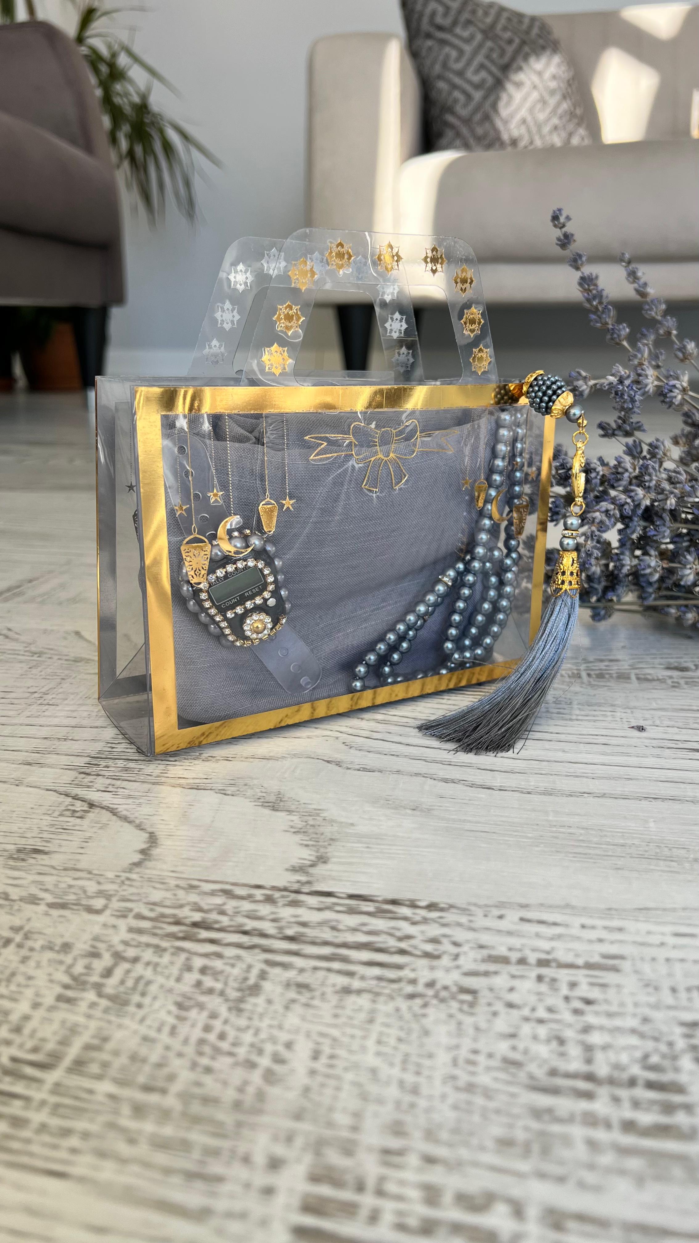 Varaklı Özel Çantalı Pamuklu Eşarp Seti - Gri