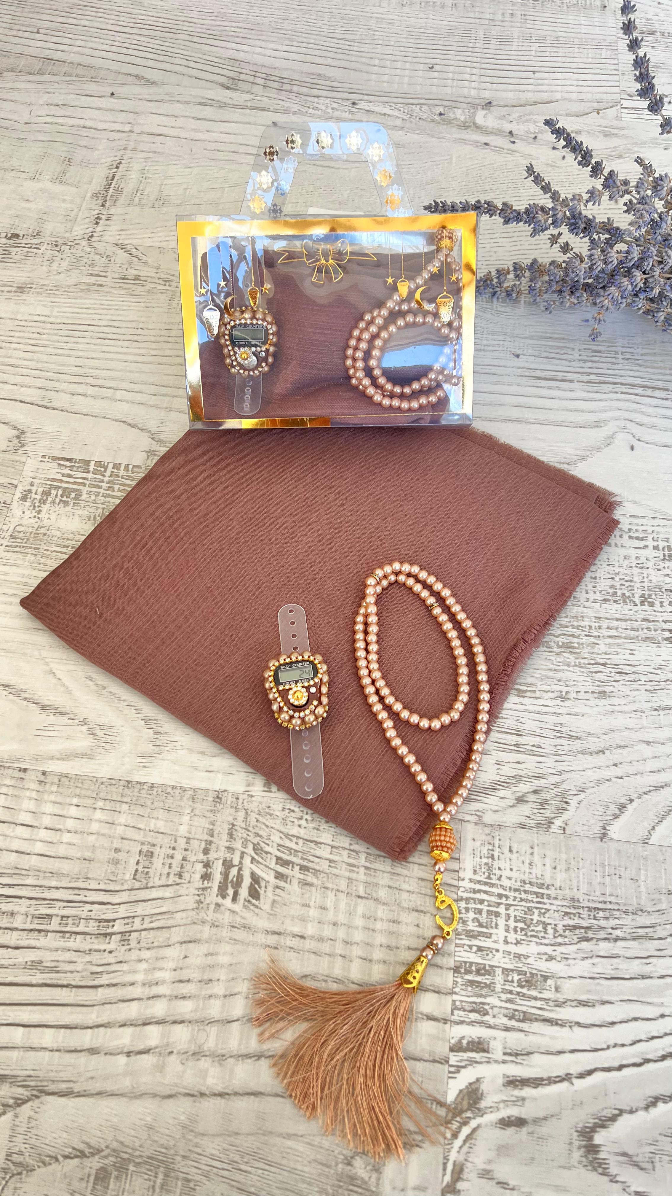 Varaklı Özel Çantalı Pamuklu Eşarp Seti - Vizon