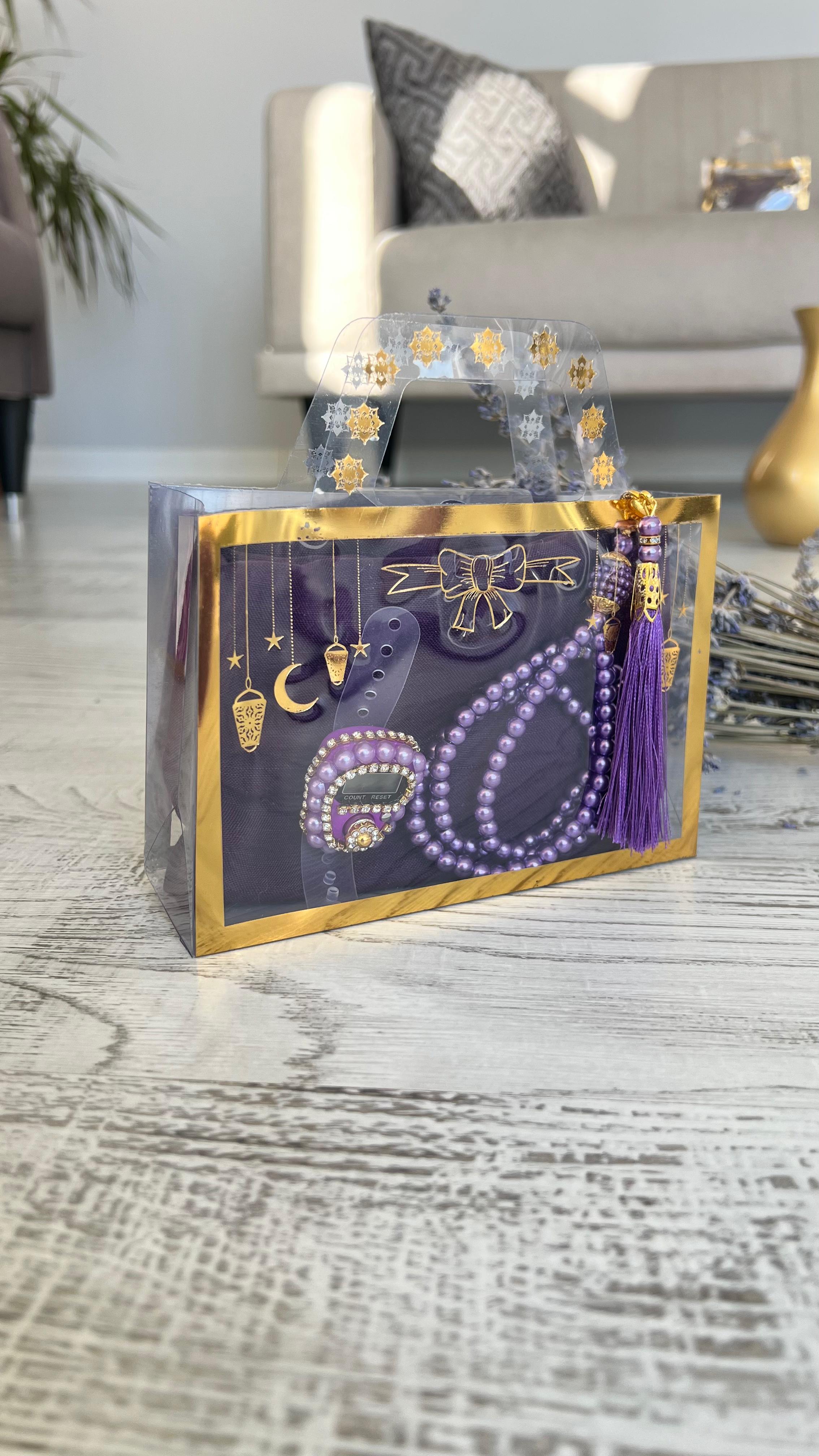 Varaklı Özel Çantalı Pamuklu Eşarp Seti - Mor