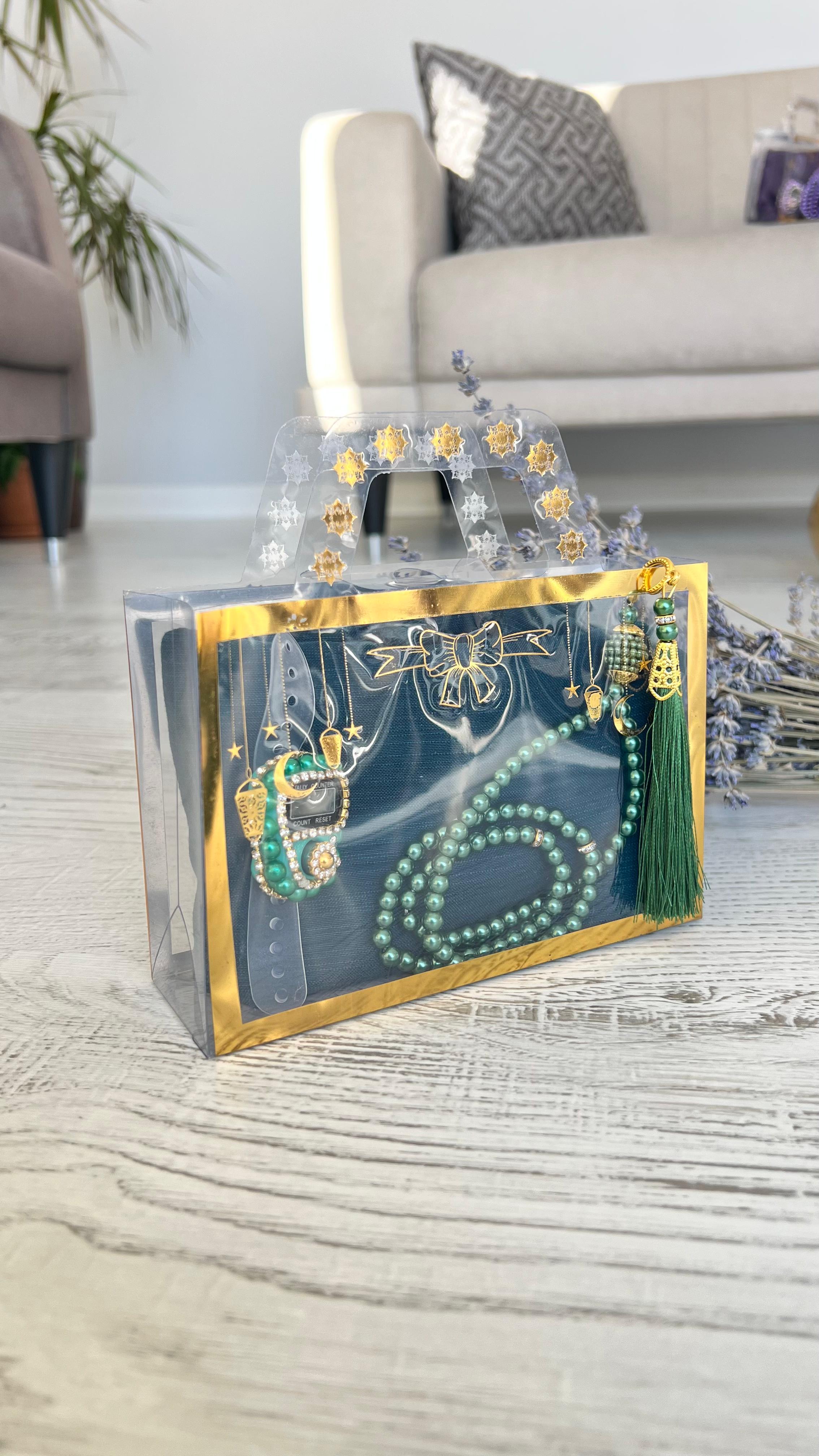 Varaklı Özel Çantalı Pamuklu Eşarp Seti - Zümrüt Yeşili