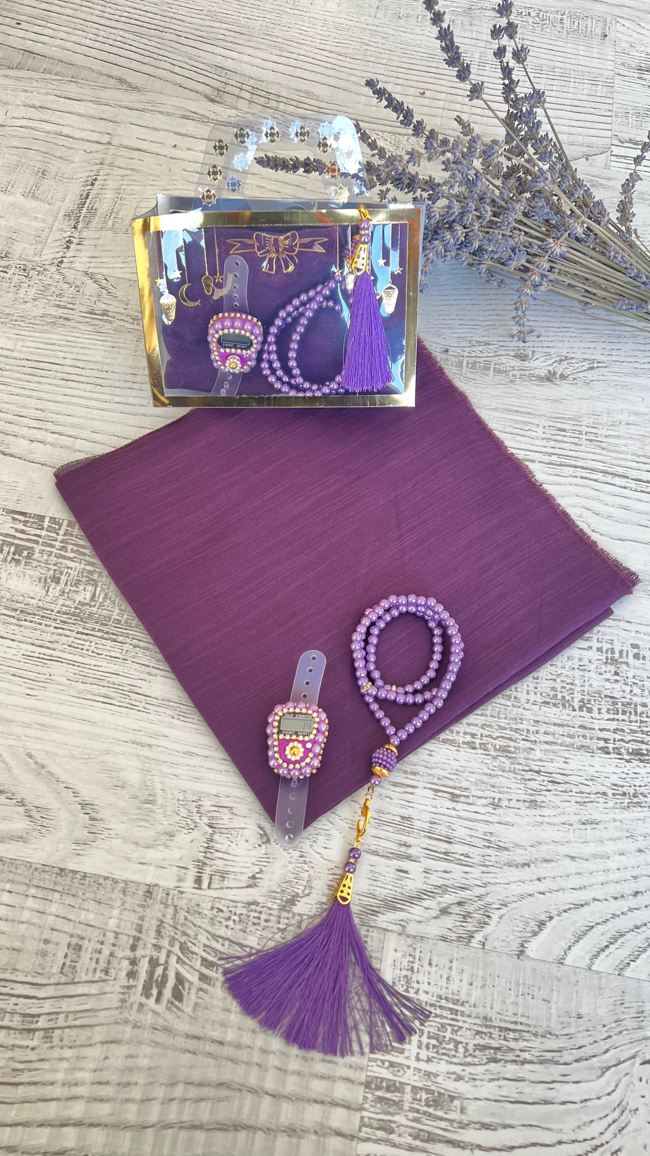 Varaklı Özel Çantalı Pamuklu Eşarp Seti - Mor