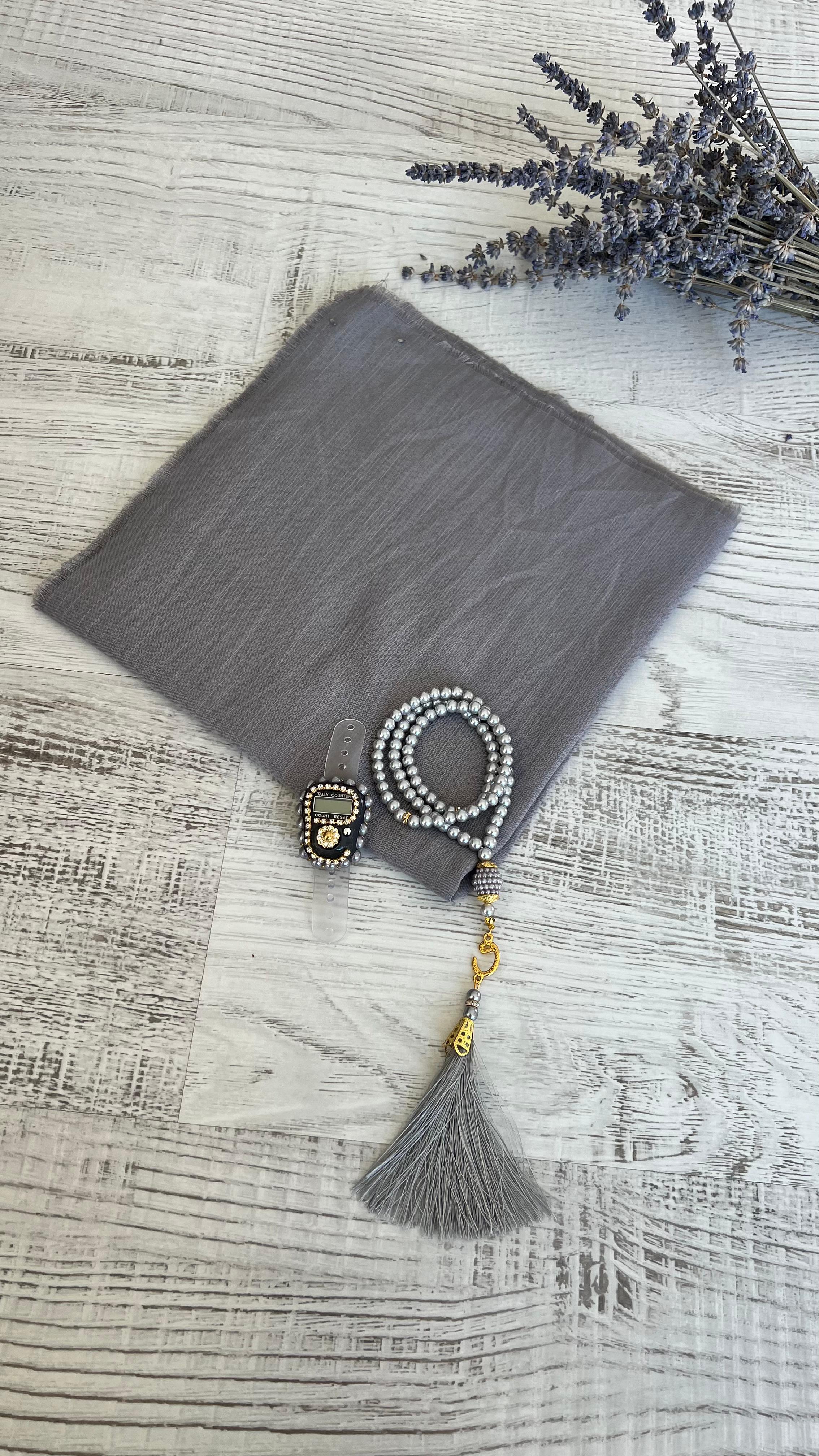 Varaklı Özel Çantalı Pamuklu Eşarp Seti - Gri