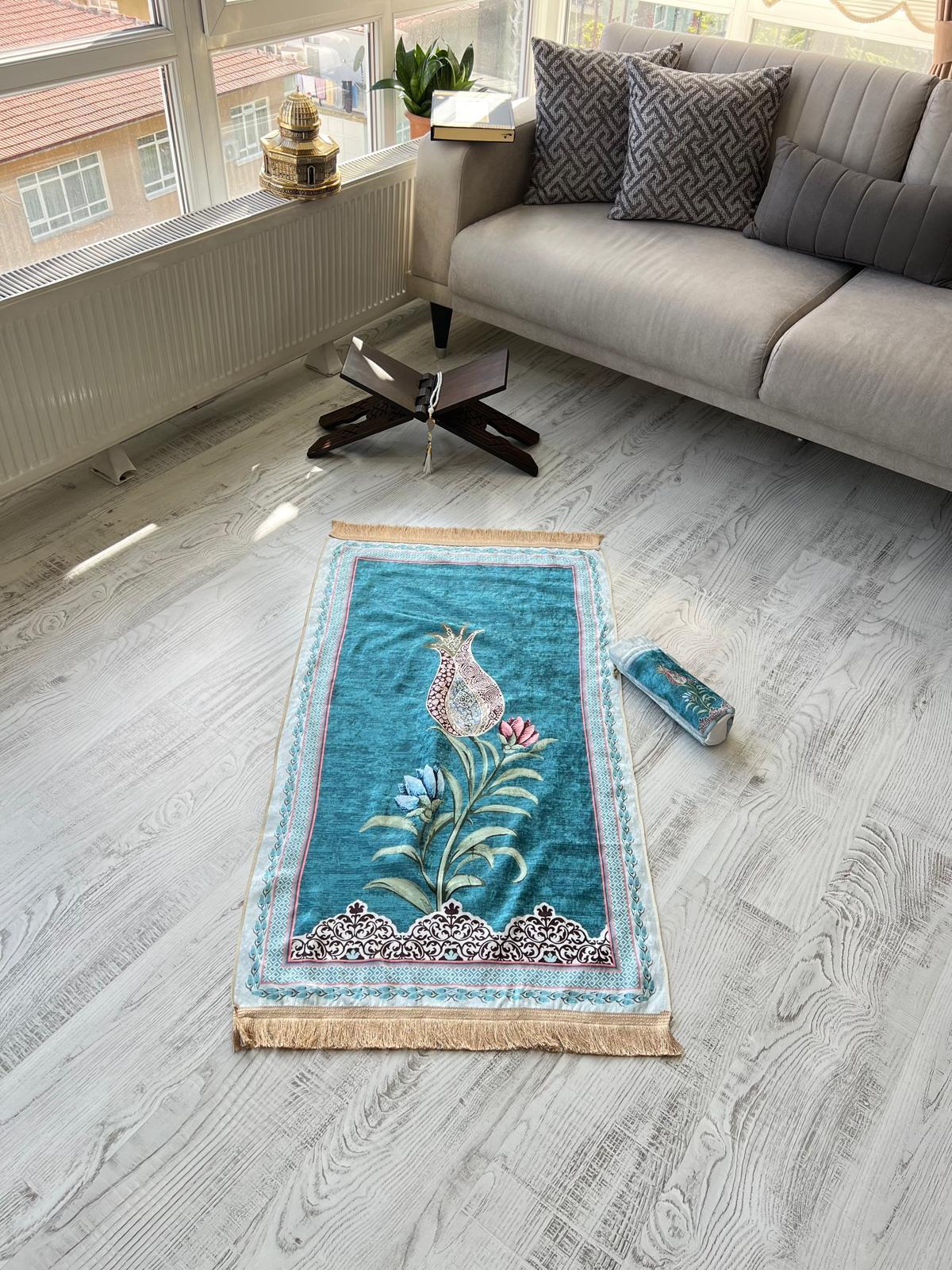 Lale Motifli Torbalı Seccade Mavi Renk