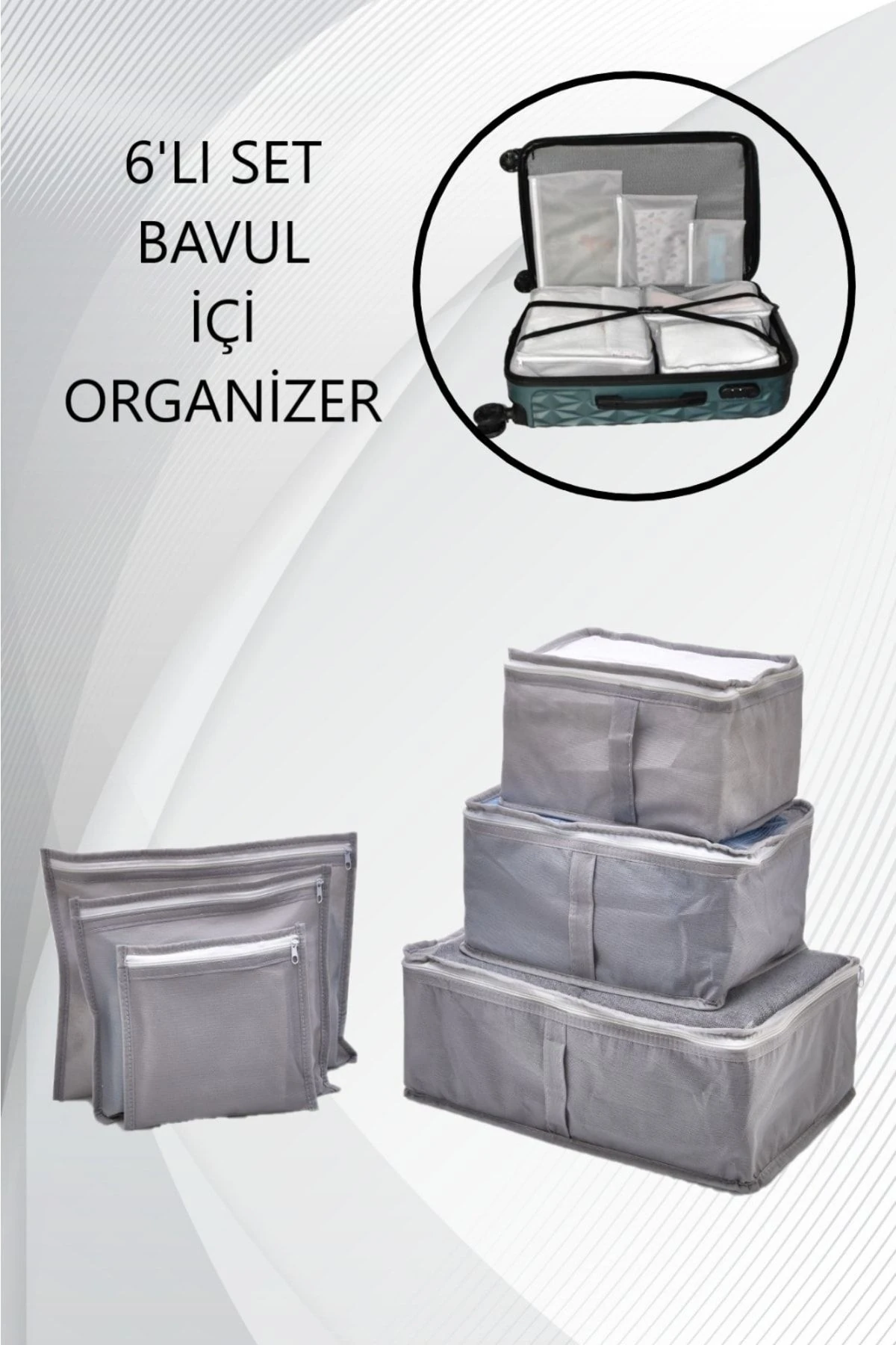 Gri 6' Lı Set Bavul Organizer Valiz Düzenleyici Bavul Içi Çantası Düzenleyici